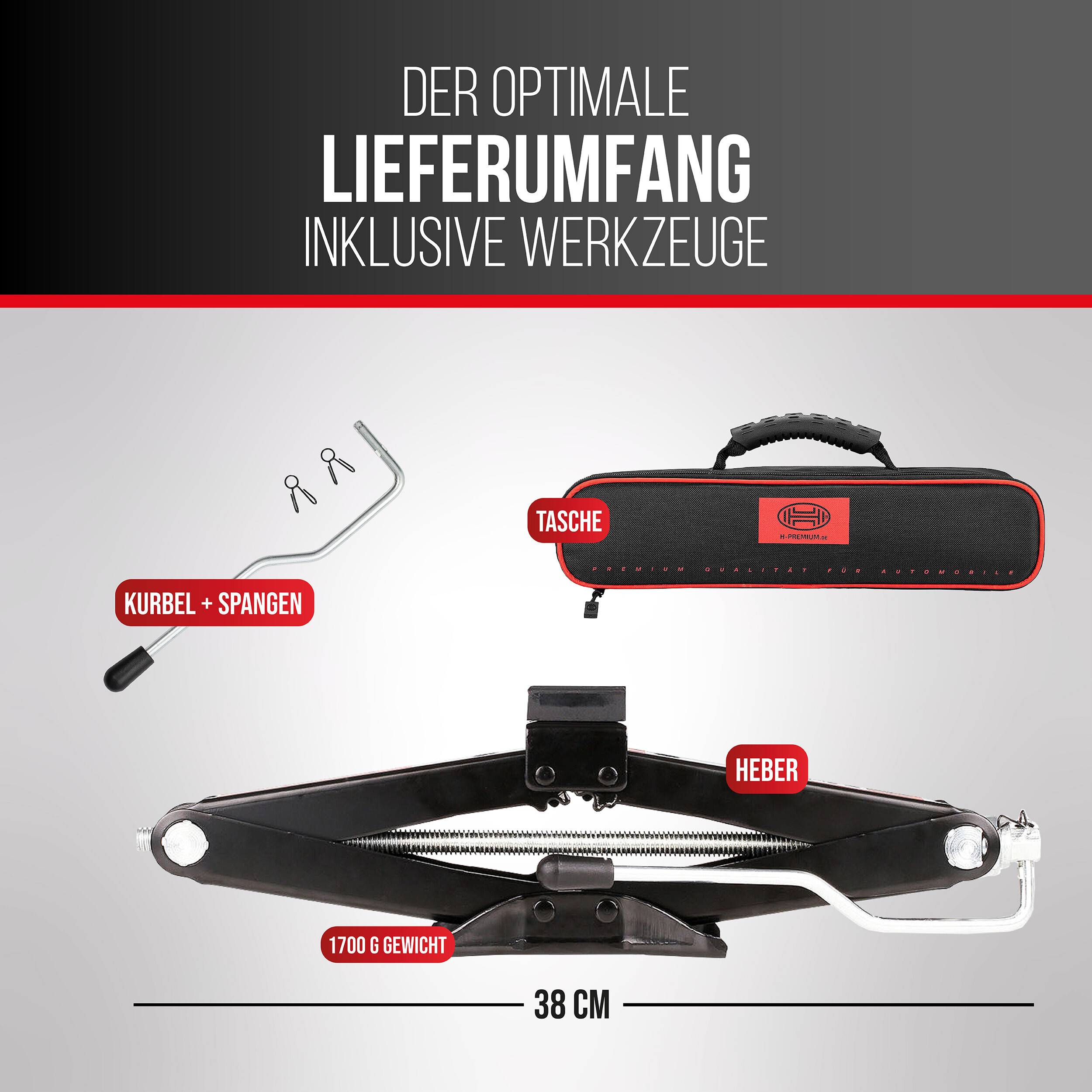 Infografik zeigt, dass das optimale Lieferpaket eine Tasche, eine Kurbel mit Klemmvorrichtungen, einen Wagenheber und ein Gewicht von 1.700 g umfasst; Wagenheberrlänge 38 cm.