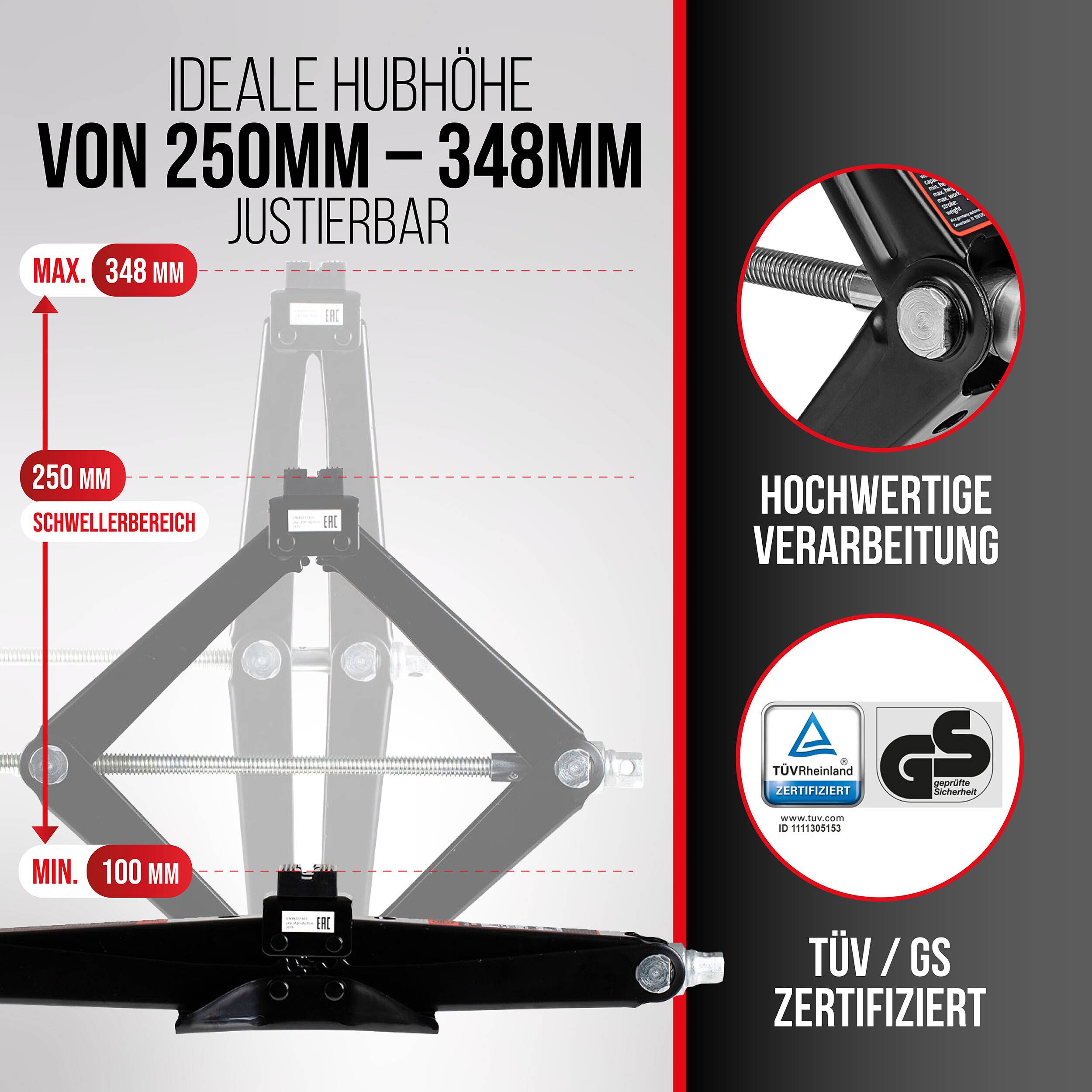 Infografik eines Wagenheber mit einstellbarer Hubhöhe von 250 mm bis 348 mm, mit Nahaufnahmen, die hochwertige Konstruktion und TÜV/GS-Zertifizierung hervorheben.