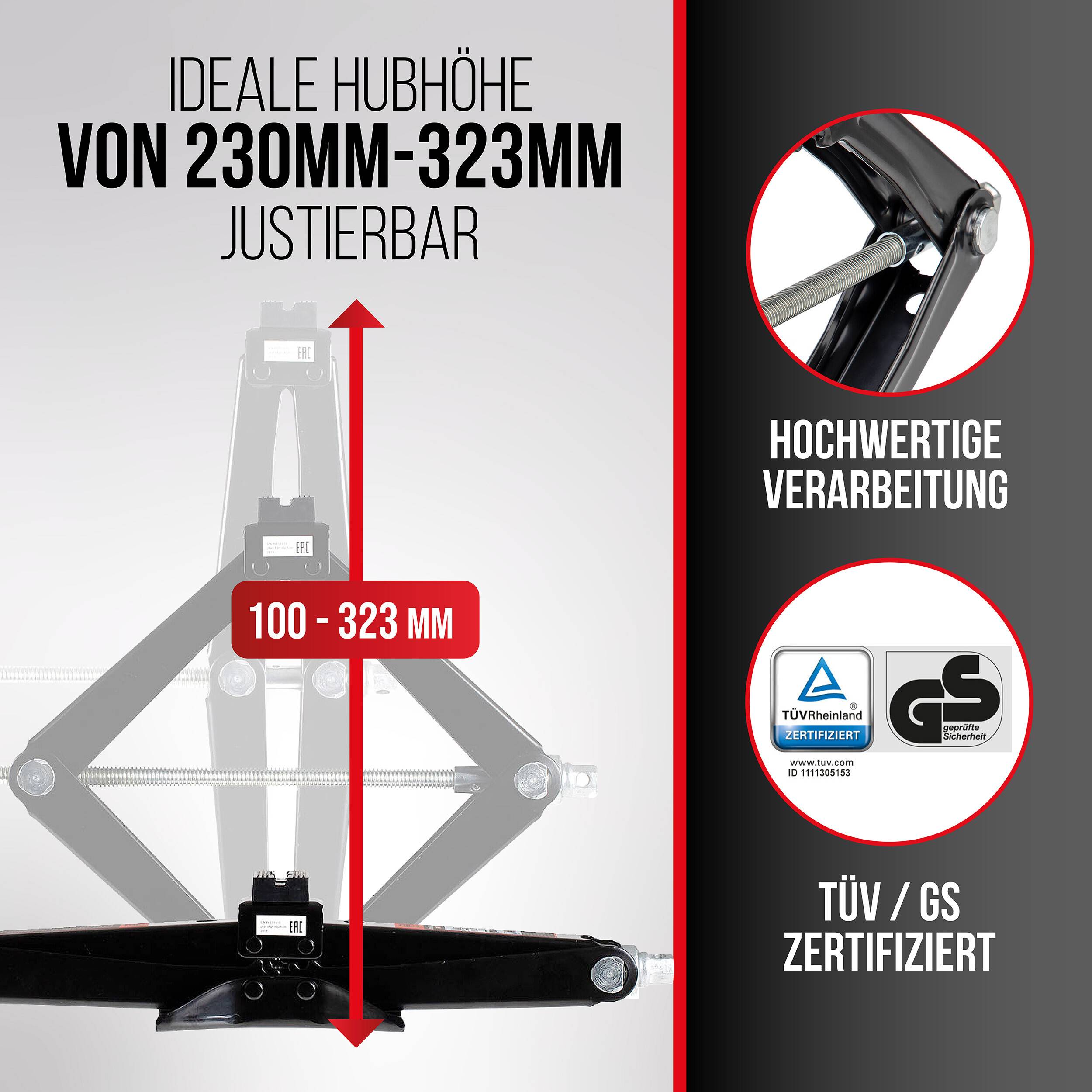 Werbegrafik eines Autoscherenheber mit einstellbarer Hubhöhe „100 - 323 mm