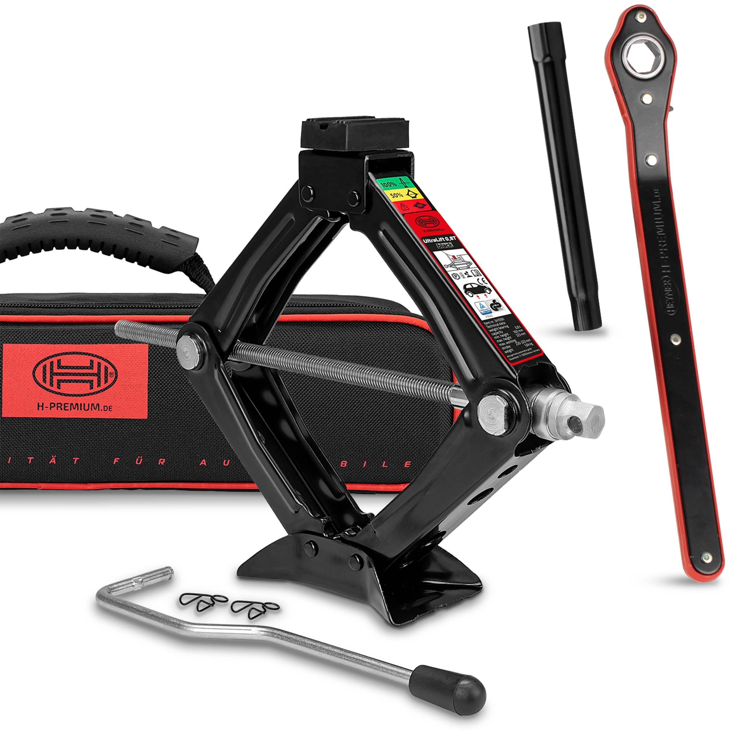 HEYNER® Scherenwagenheber 0,8t Wagenheber inkl. Tasche I 17mm Ratsche I Kurbel und Gummiauflage I Hubhöhe: 100-323 mm I