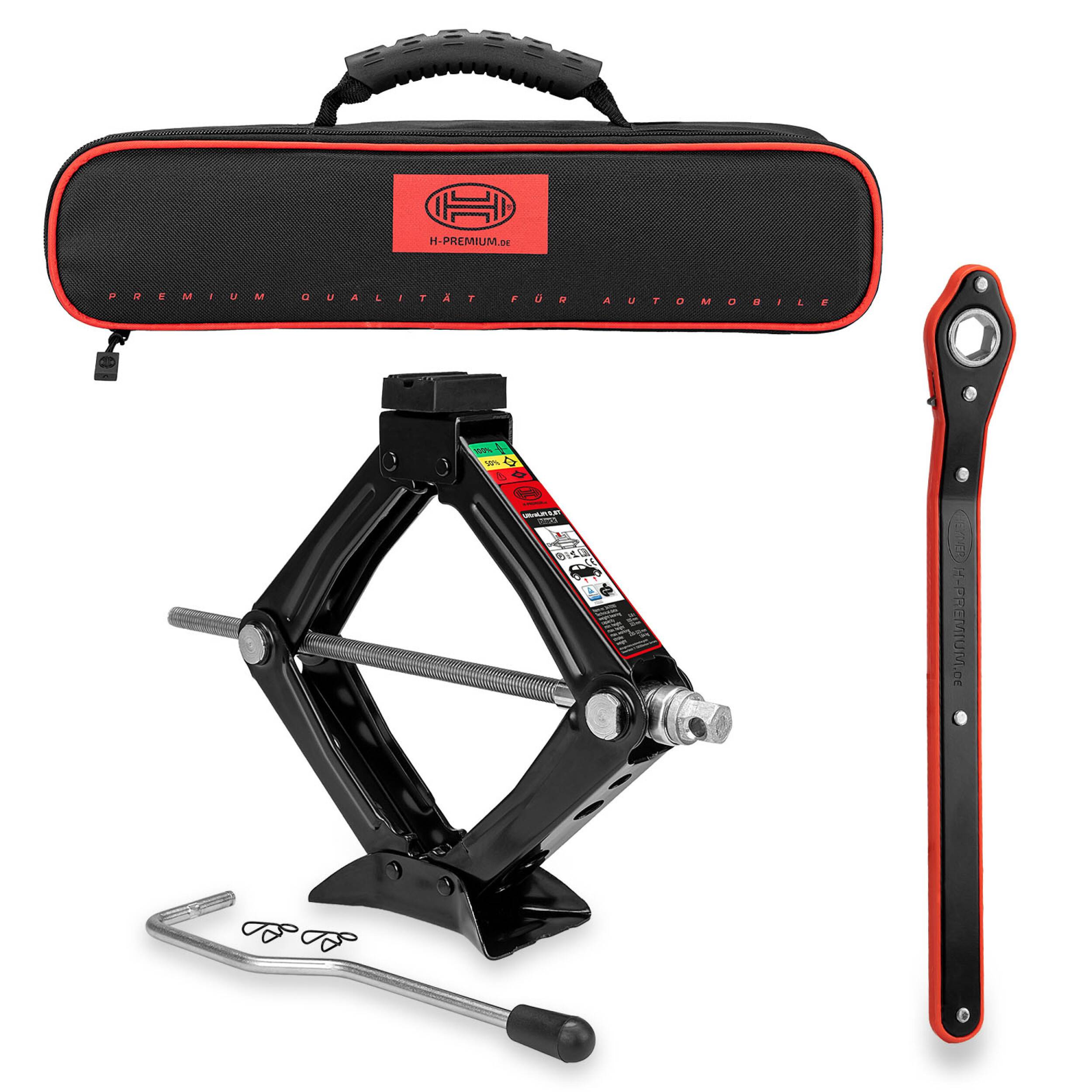 HEYNER® Wagenheber Scherenwagenheber mit Ratsche Verlängerung Kurbel und Gummiauflage 0,8t inkl. Tasche