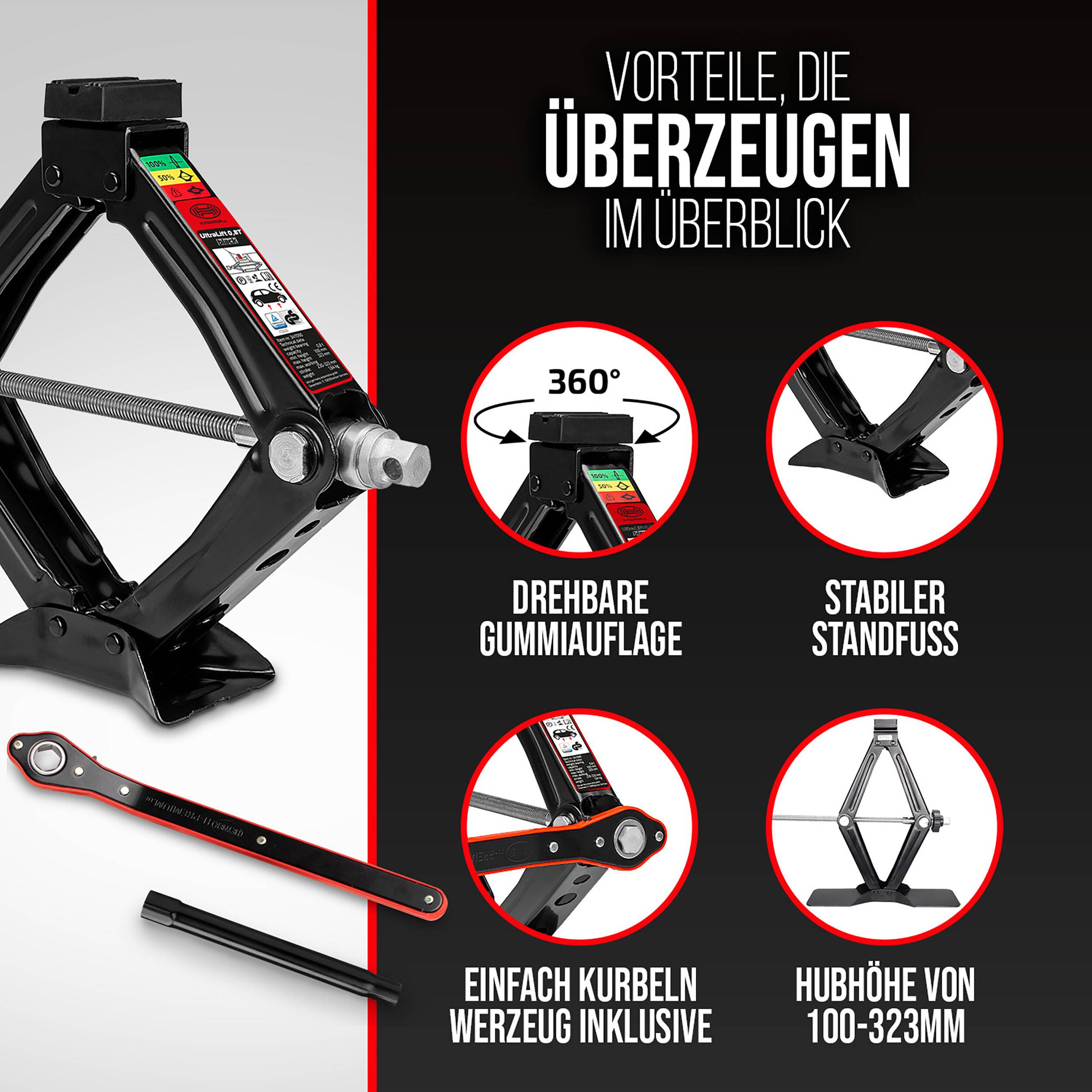 Infografik eines Scherenwagenhebersystems mit um 360° drehbarem Gummipad, stabiler Basis, enthaltenem Kurbelwerkzeug und Hubhöhe von 100 bis 323 mm.