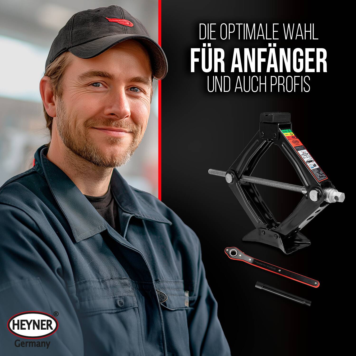 HEYNER® Scherenwagenheber 1t Wagenheber inkl. Tasche I 17mm Ratsche I Kurbel und Gummiauflage I Hubhöhe: 100-348 mm