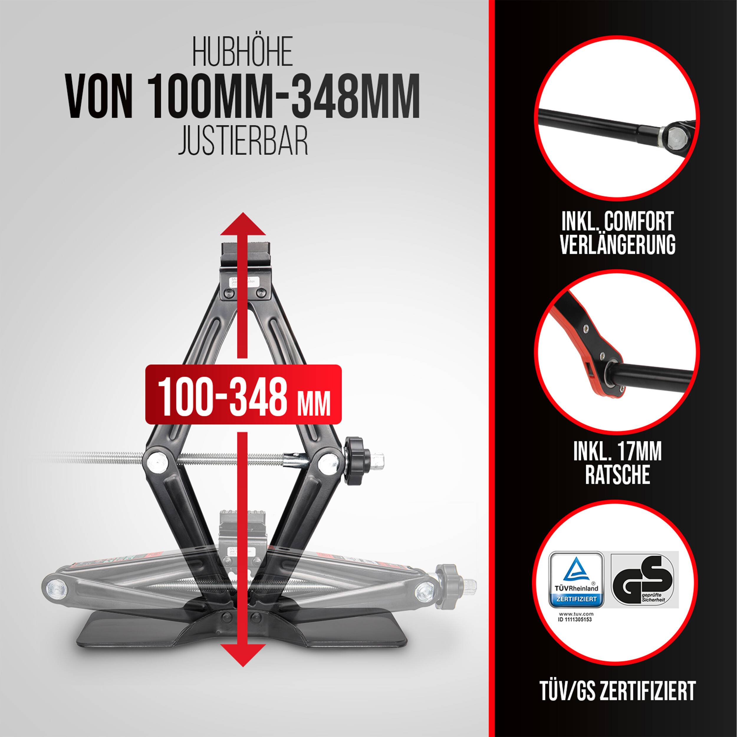 Scherenwagenheber verstellbar von 100 bis 348 mm, mit eingefügten Beschriftungen für komfortable Verlängerung, 17-mm-Ratsche und TÜV/GS-Zertifizierung.