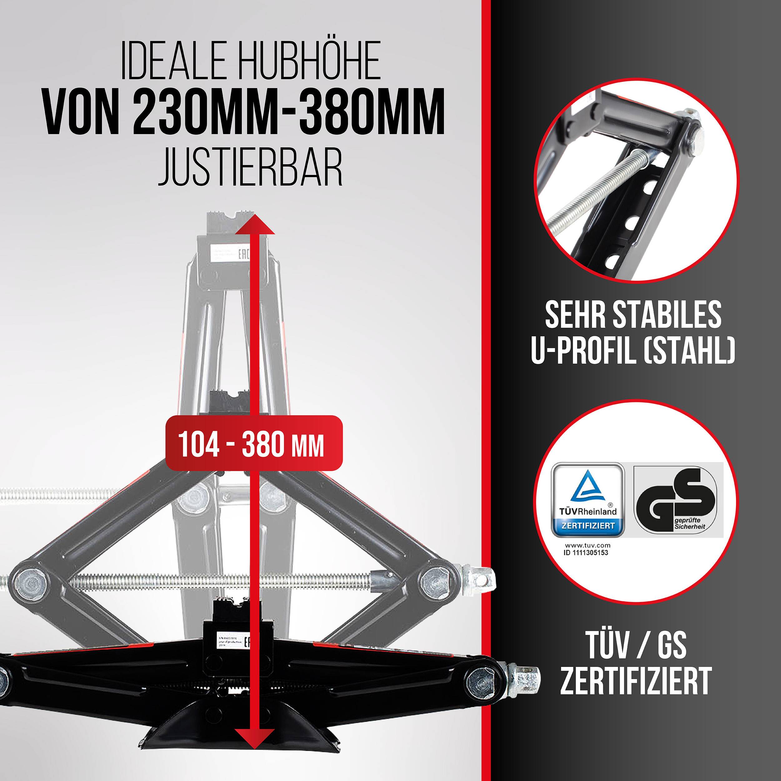Jack-Stütze-Infografik mit verstellbarer Hubhöhe von 230-380 mm, mit 104-380 mm gekennzeichnet, robustes Stahlprofilstahl, TÜV/GS zertifiziert.