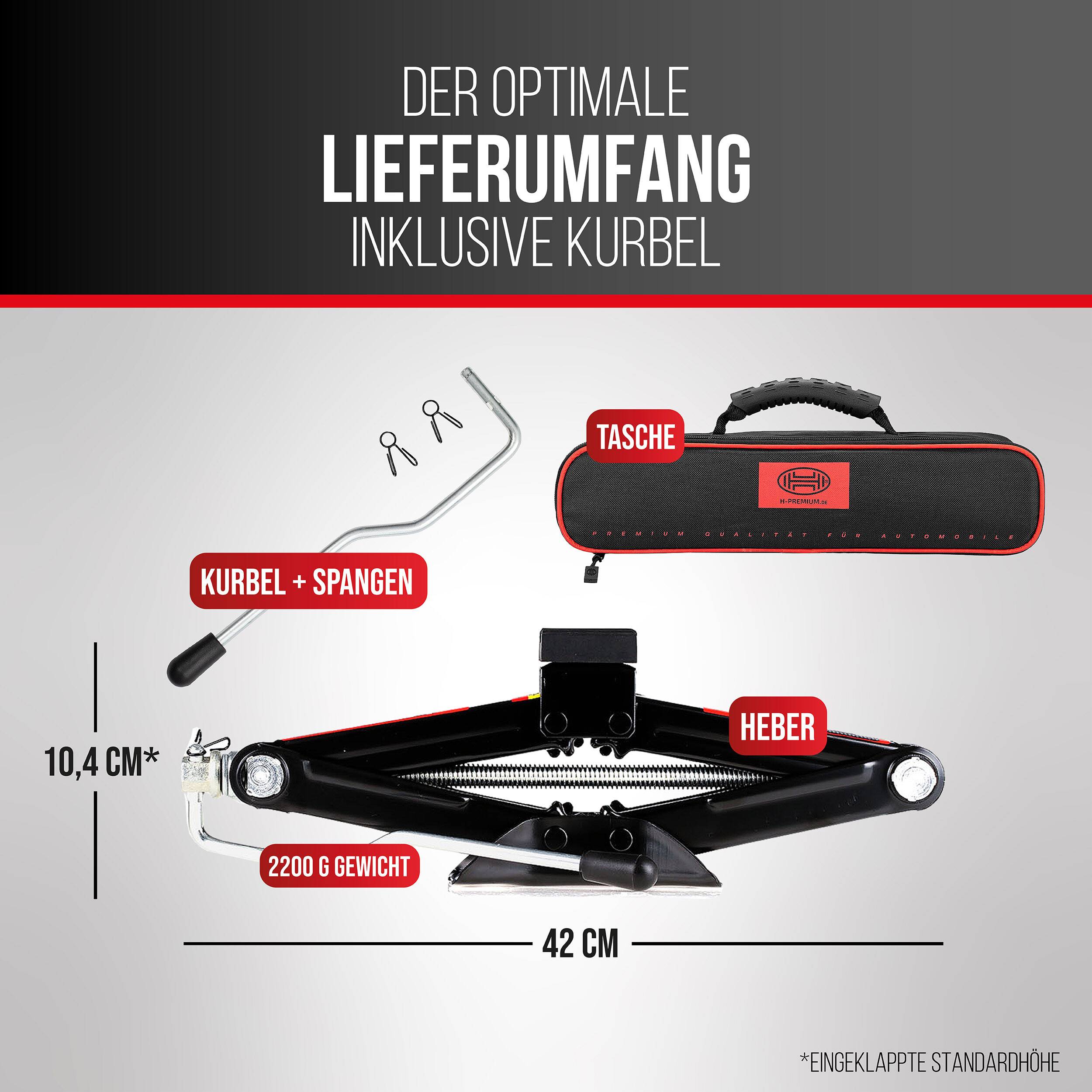 Abbildung eines Wagenheber-Kits mit enthaltenen Komponenten: Wagenheber, Kurbel mit Spannzangen und Tragetasche; Größe 42 cm breit und 10,4 cm hoch, Gewicht 2200 g.
