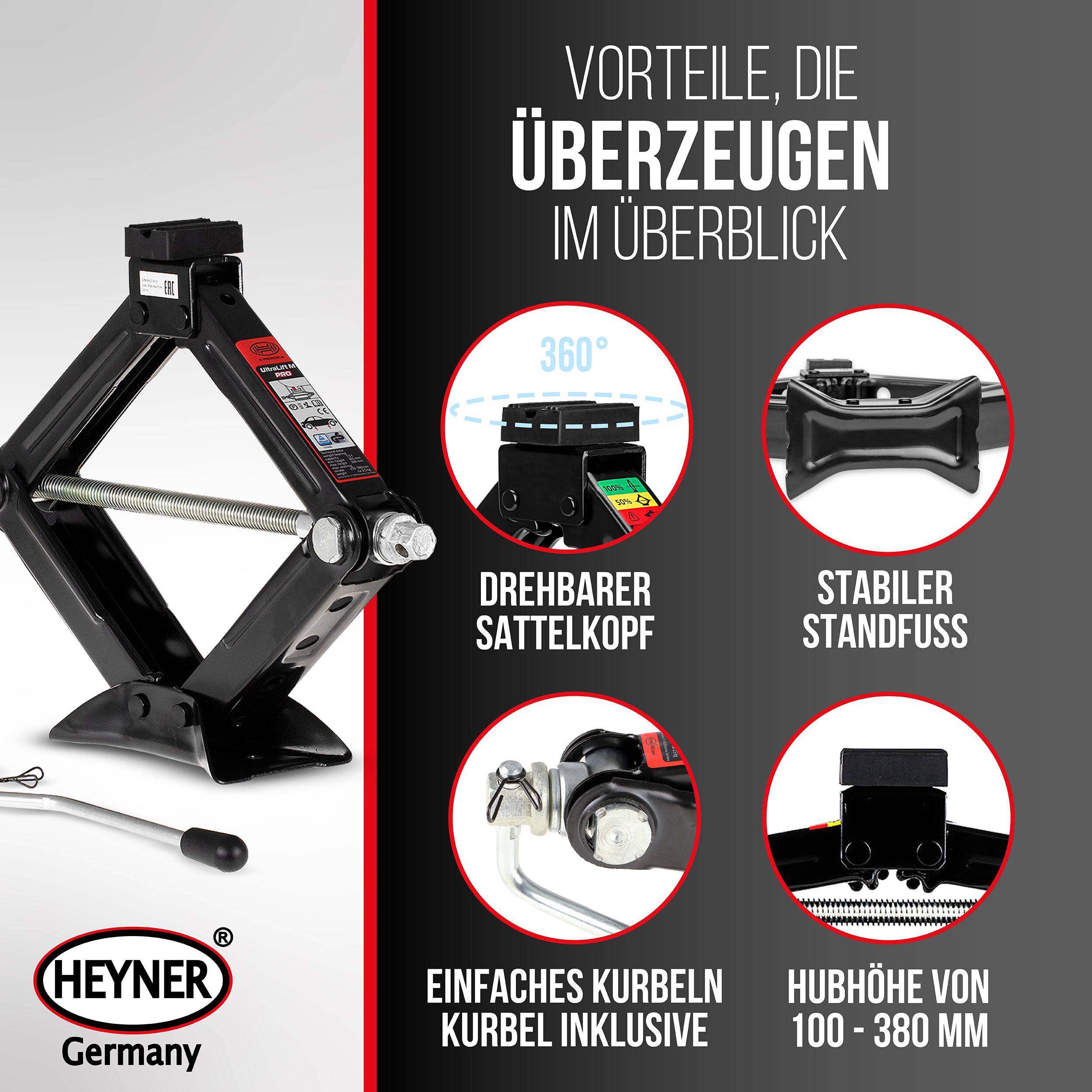 HEYNER® Scherenwagenheber, Wagenheber mit Kurbel und Gummiauflage, 1,5t für SUV/PKW - mit Tasche