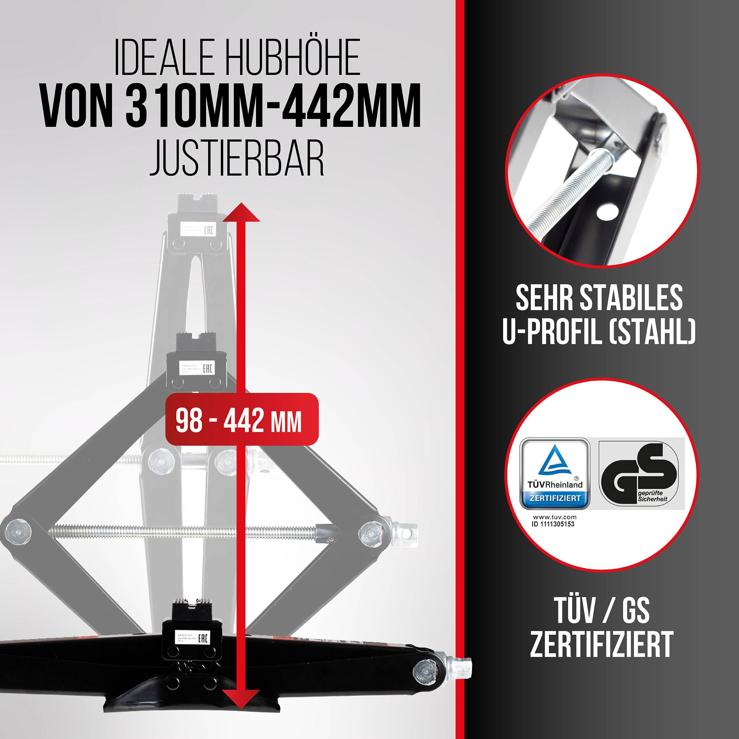 Höhenverstellbarer Wagenheberständer von 98-442 mm, mit stabilem Stahlprofil U-Form und TÜV/GS-zertifizierten Plaketten.