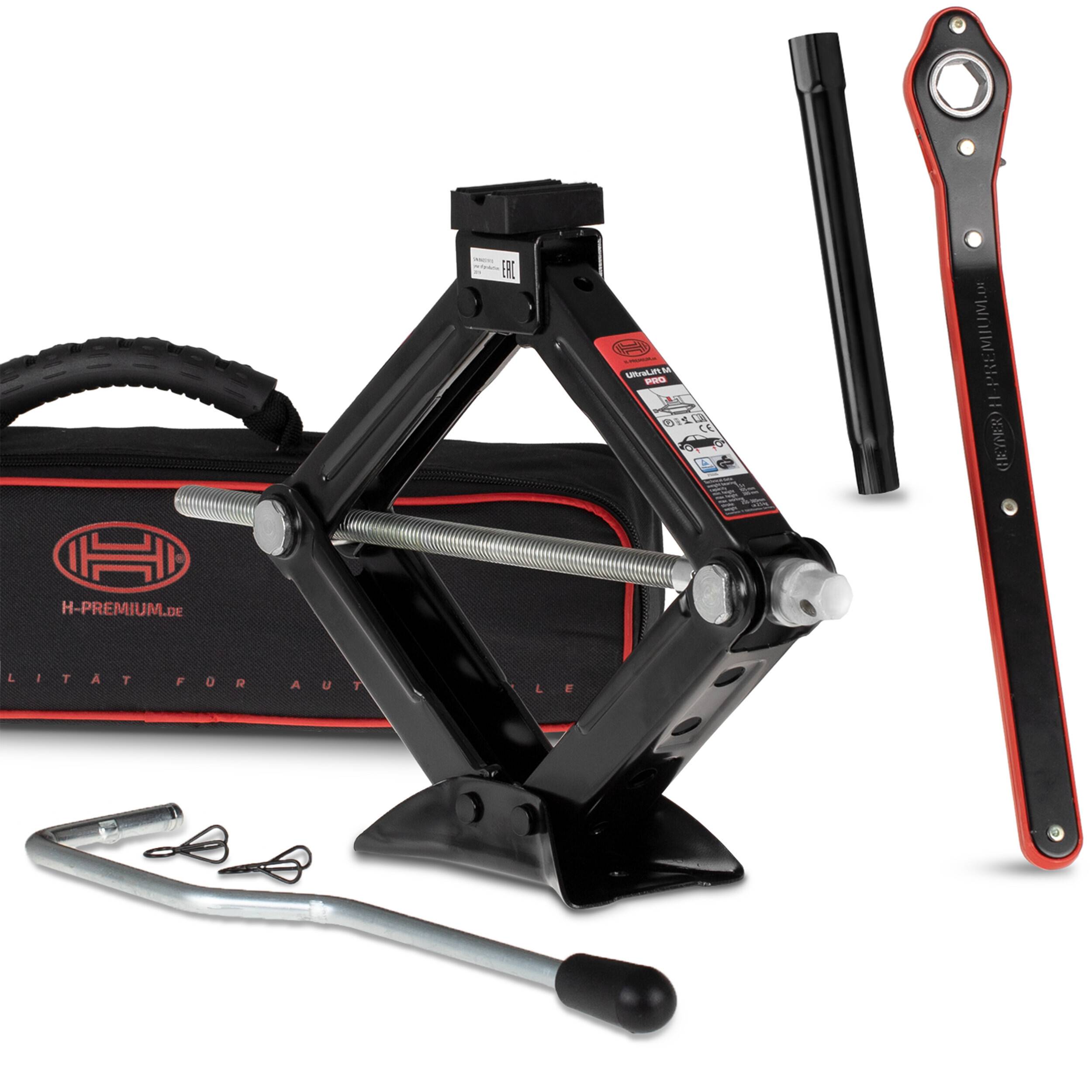 HEYNER® Scherenwagenheber 1,5t Wagenheber inkl. Tasche I 17mm Ratsche I Kurbel und Gummiauflage I Hubhöhe: 104-380 mm
