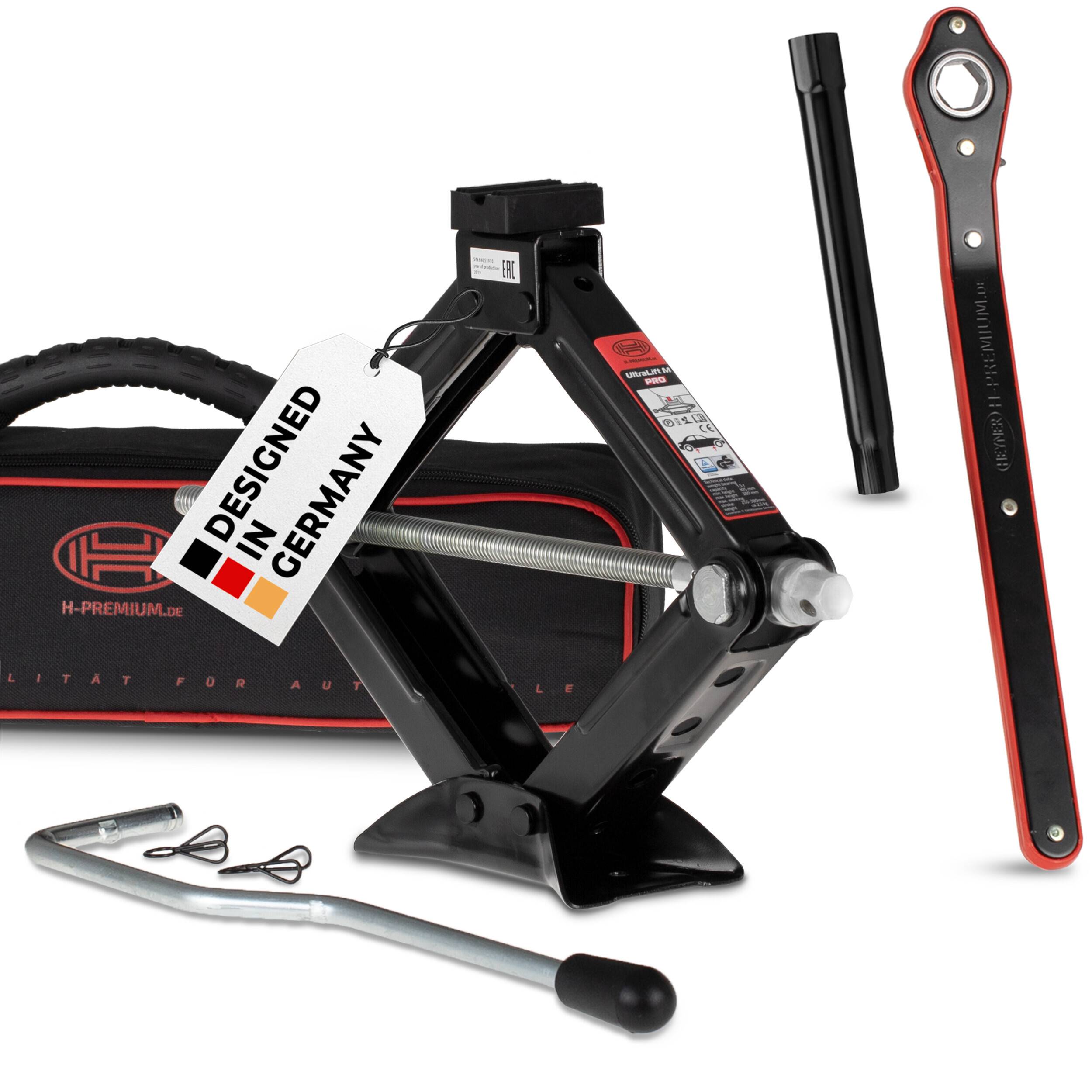 HEYNER® Wagenheber Scherenwagenheber mit Ratsche Verlängerung Kurbel und Gummiauflage 1,5t inkl.Tasche