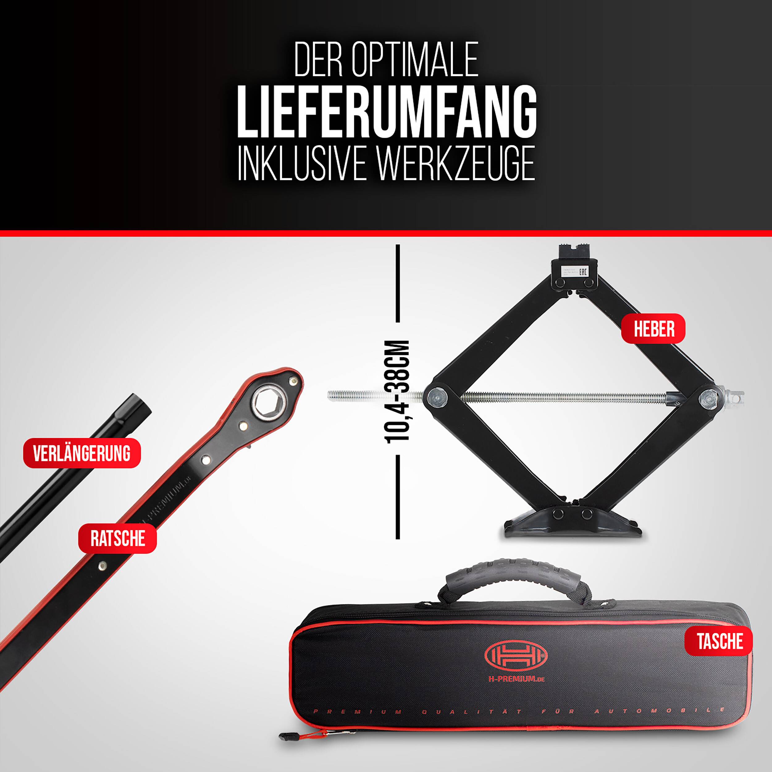 HEYNER® Wagenheber Scherenwagenheber mit Ratsche Verlängerung Kurbel und Gummiauflage 1,5t inkl.Tasche