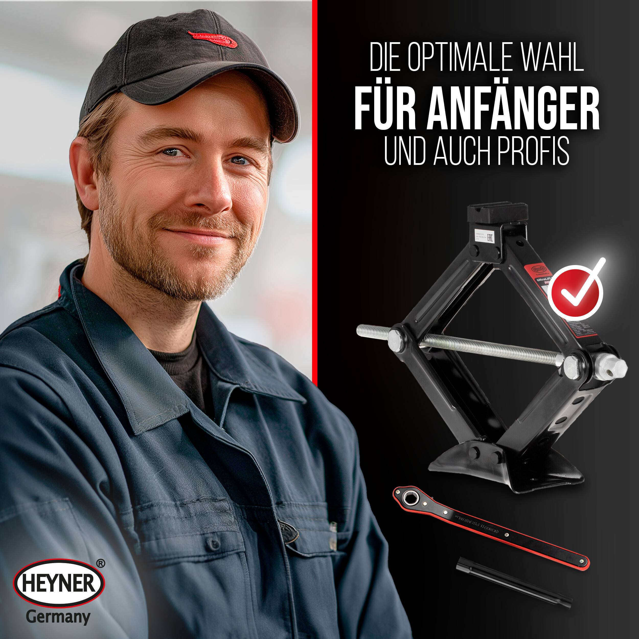 HEYNER® Wagenheber Scherenwagenheber mit Ratsche Verlängerung Kurbel und Gummiauflage 1,5t inkl.Tasche