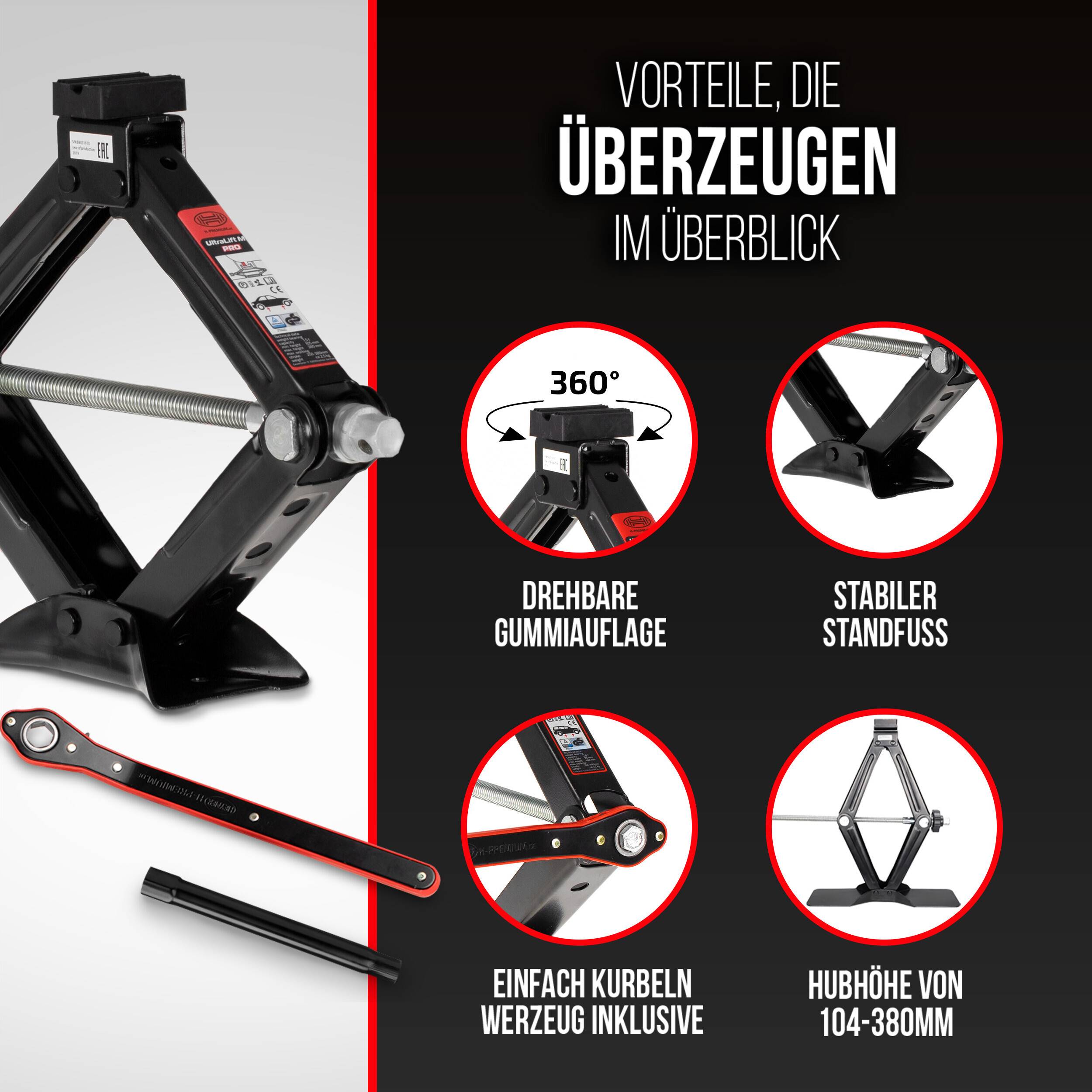 HEYNER® Scherenwagenheber 1,5t Wagenheber inkl. Tasche I 17mm Ratsche I Kurbel und Gummiauflage I Hubhöhe: 104-380 mm