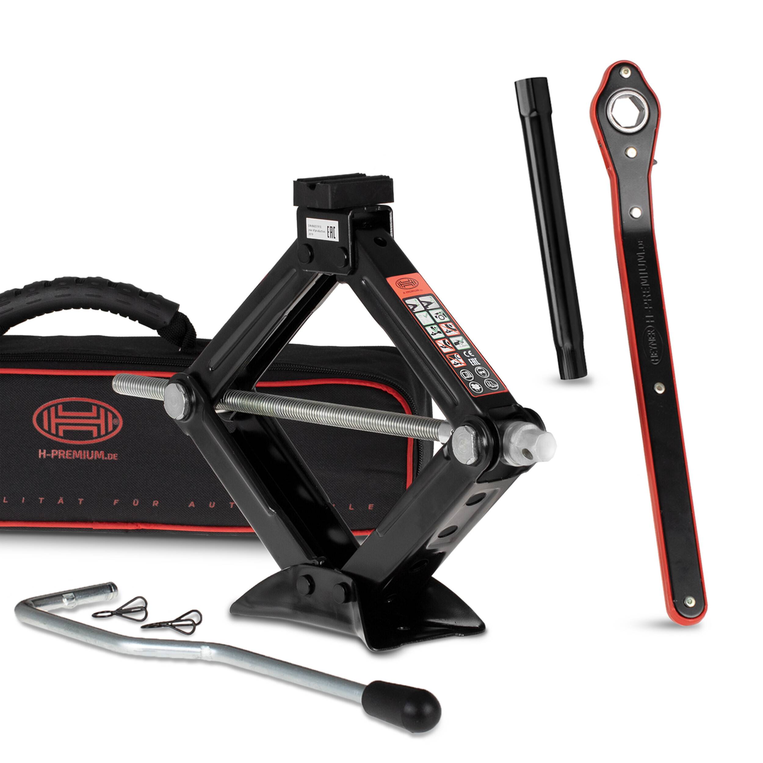 HEYNER® Scherenwagenheber 2t Wagenheber inkl. Tasche I 17mm Ratsche I Kurbel und Gummiauflage I Hubhöhe: 98-442 mm