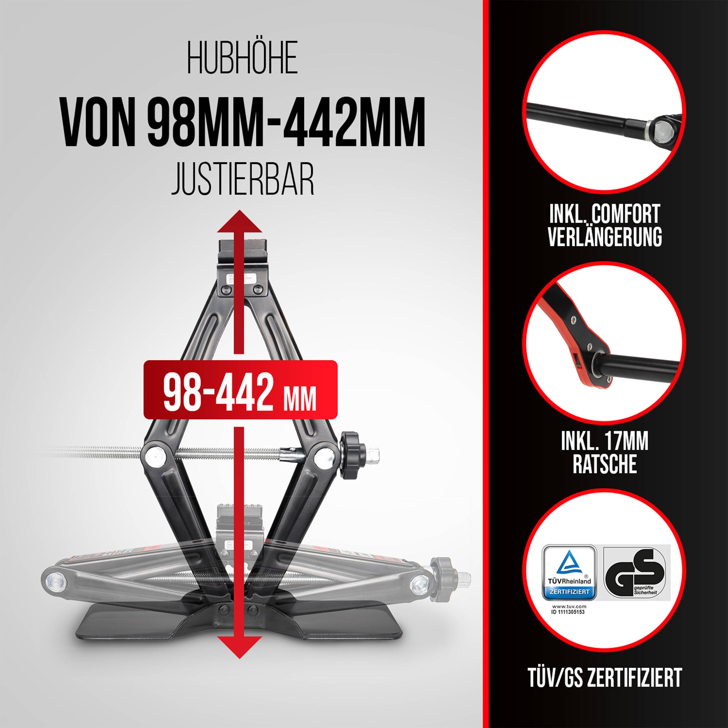 HEYNER® Scherenwagenheber 2t Wagenheber inkl. Tasche I 17mm Ratsche I Kurbel und Gummiauflage I Hubhöhe: 98-442 mm