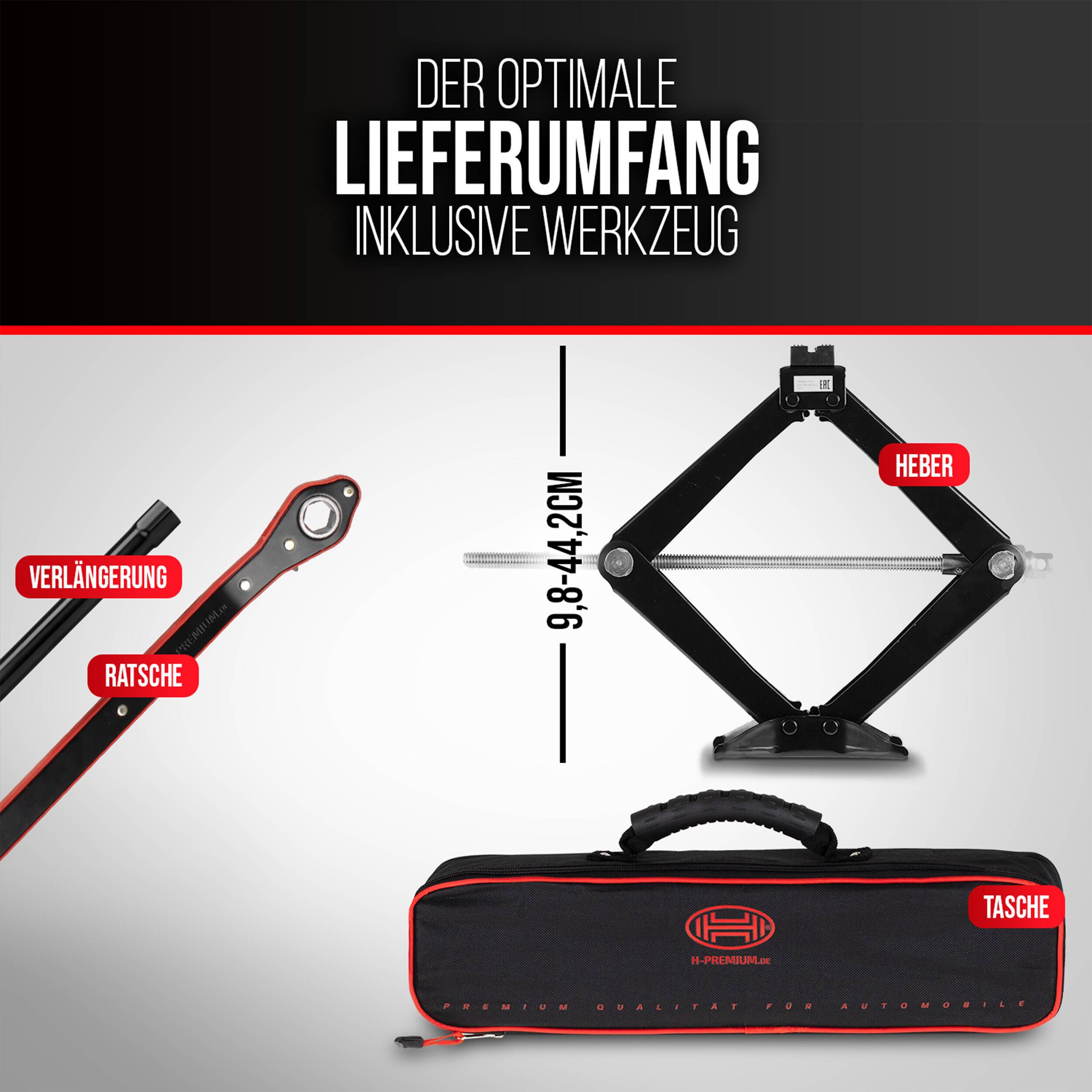 HEYNER® Scherenwagenheber 2t Wagenheber inkl. Tasche I 17mm Ratsche I Kurbel und Gummiauflage I Hubhöhe: 98-442 mm