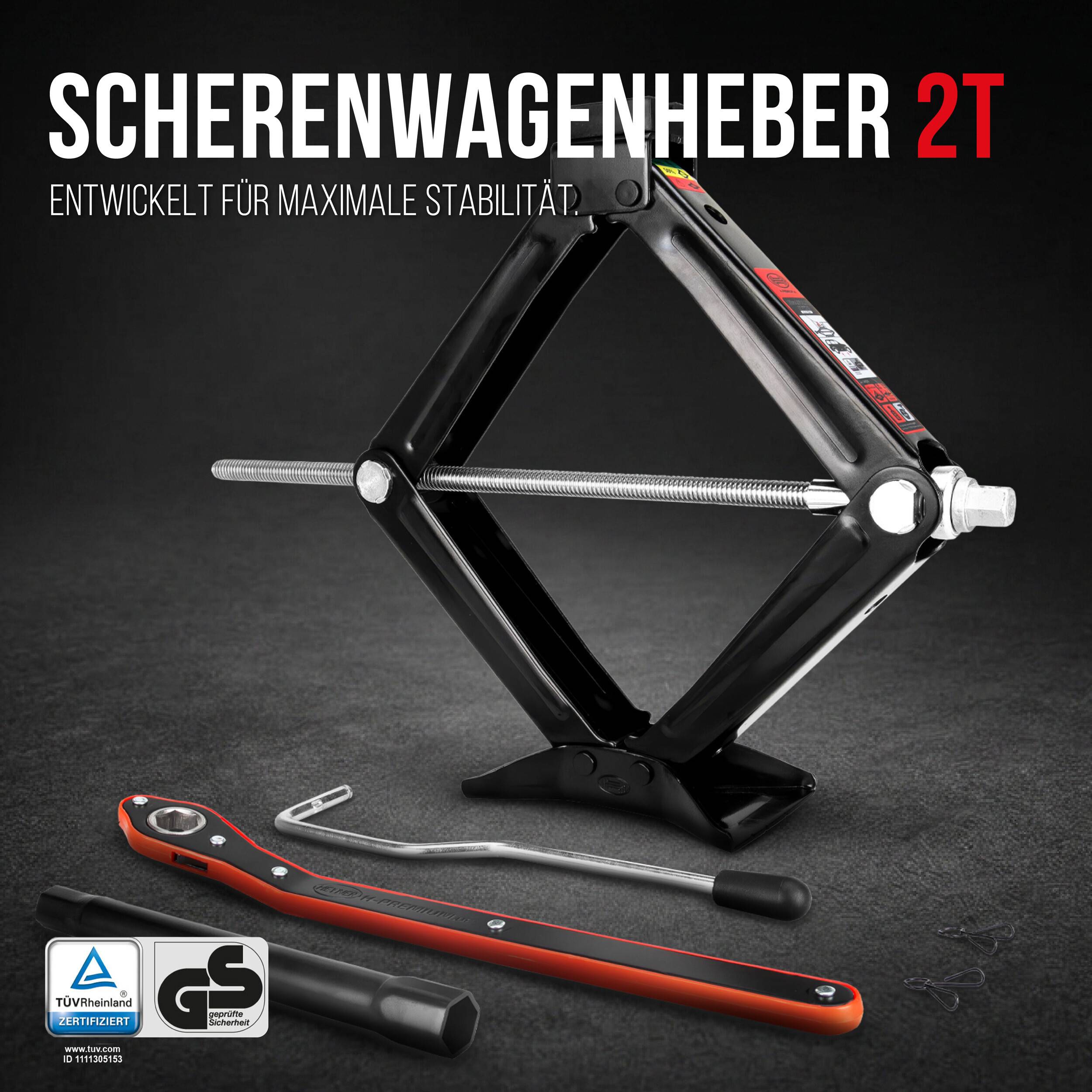 Produktbild eines schwarzen Scherenwagenhebers mit Griff und Schraubenschlüssel, beschriftet mit „SCHERENWAGENHEBER 2T