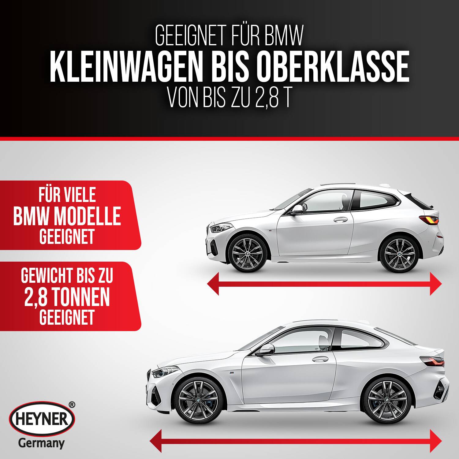 Geeignet für BMW Kleinwagen bis Oberklasse, von bis zu 2,8 t – Kompatibilität für viele BMW-Modelle und bis zu 2,8 Tonnen.