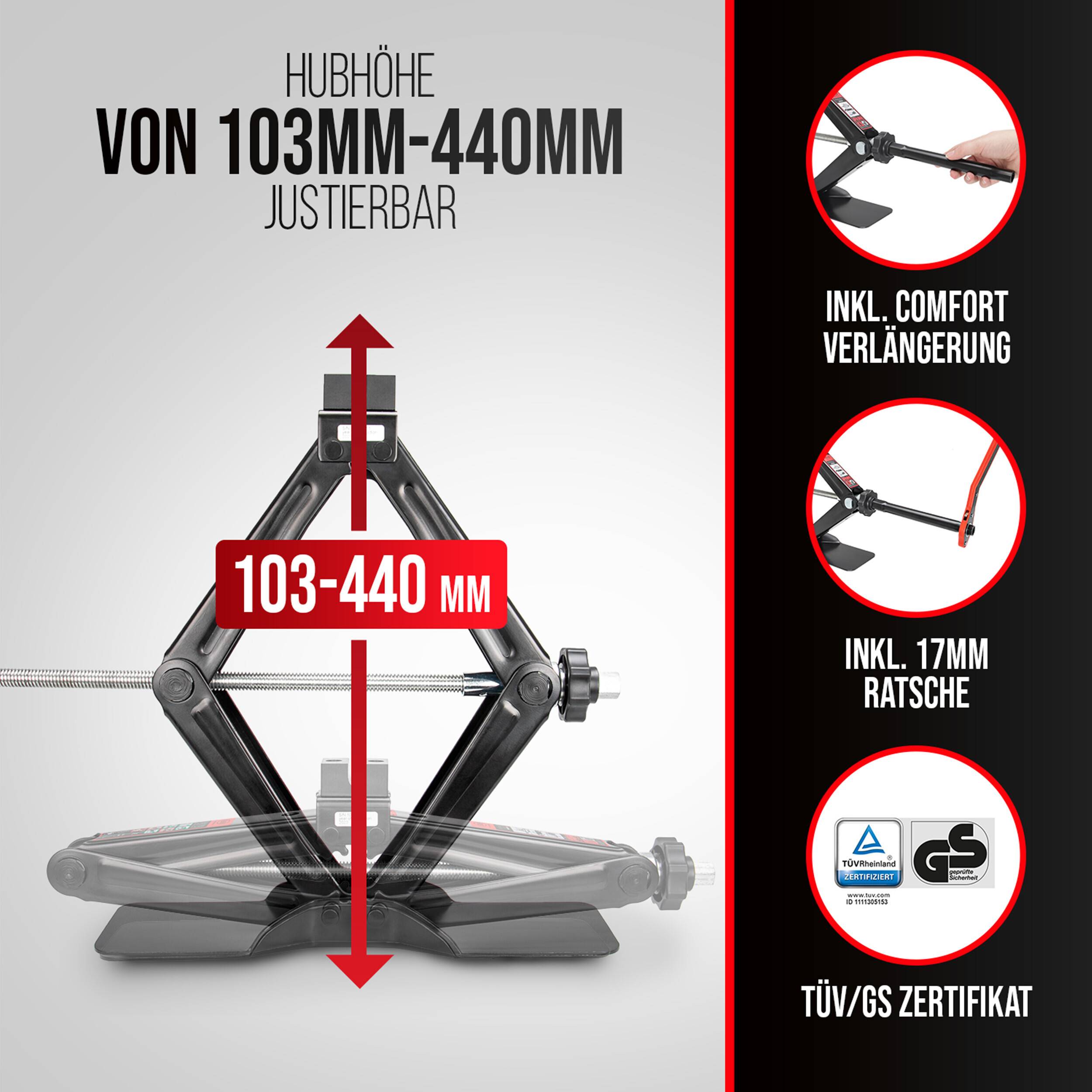 Verstellbarer Wagenheber mit Höhe von 103 bis 440 mm, mit mitgeliefertem Komfort-Verlängerungsstück, 17-mm-Ratsche und TÜV/GS-Zertifizierung.