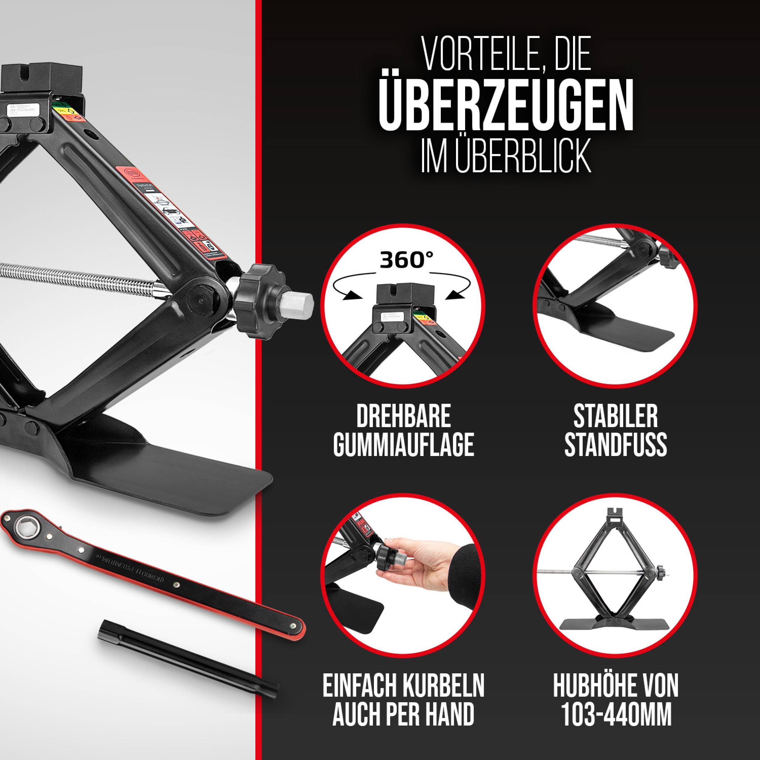 HEYNER® Scherenwagenheber 2 t mit Ratsche für Wagenheber inkl. Tasche und Gummiauflage, passend für VW, Seat, Skoda und