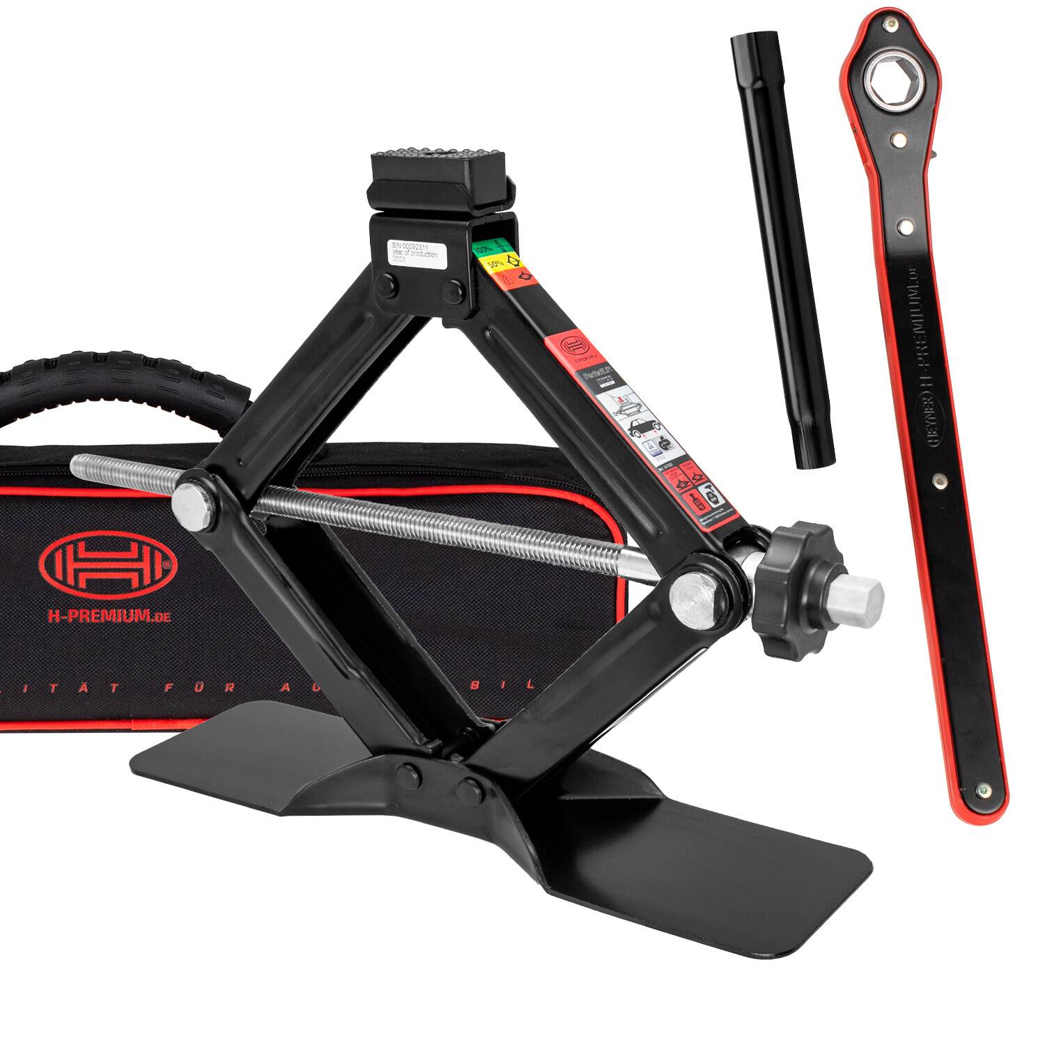 HEYNER® Scherenwagenheber 1,5 t mit Ratsche für Wagenheber inkl. Tasche und Gummiauflage, passend für BMW, TÜV & GS