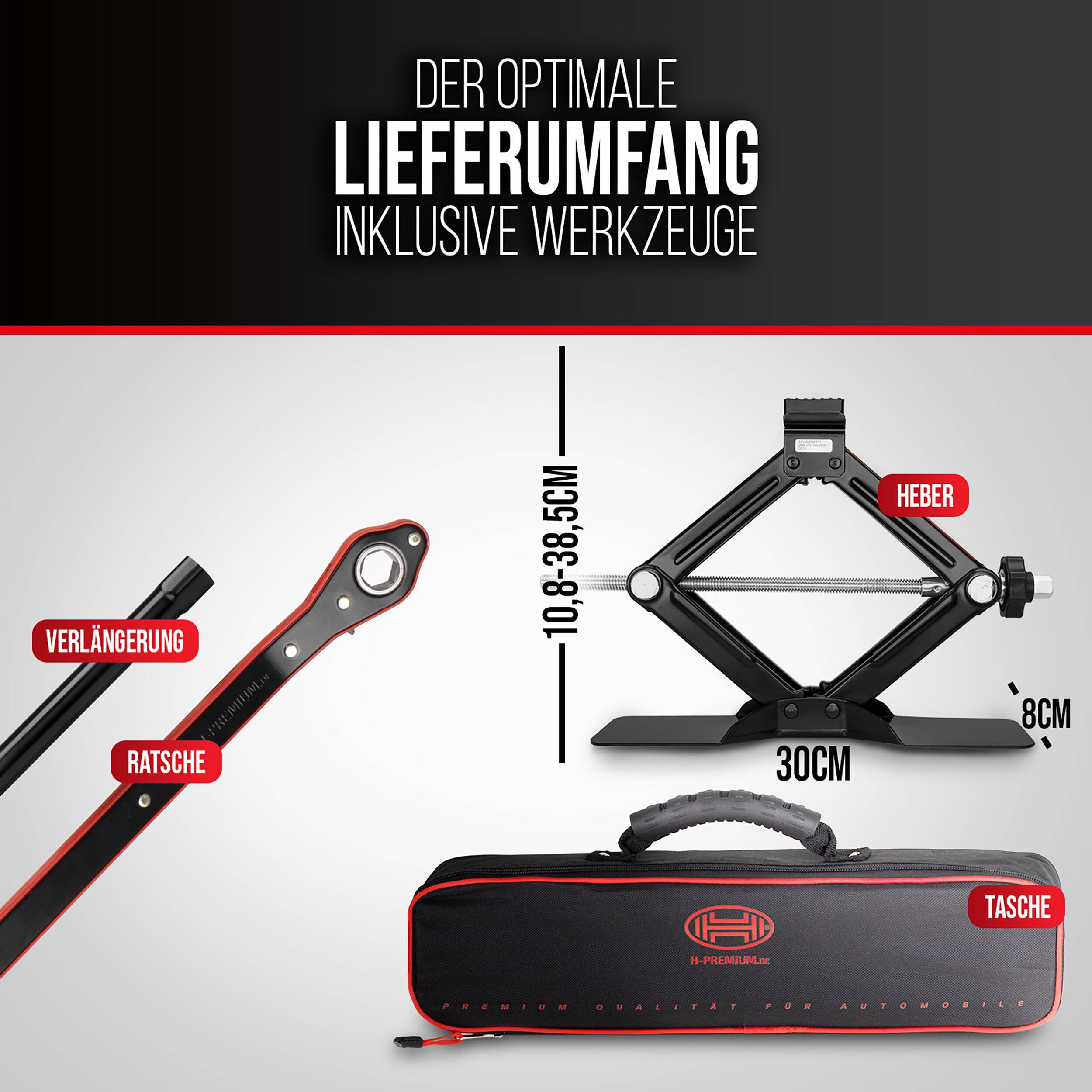 HEYNER® Scherenwagenheber 1,5 t mit Ratsche für Wagenheber inkl. Tasche und Gummiauflage, passend für BMW, TÜV & GS