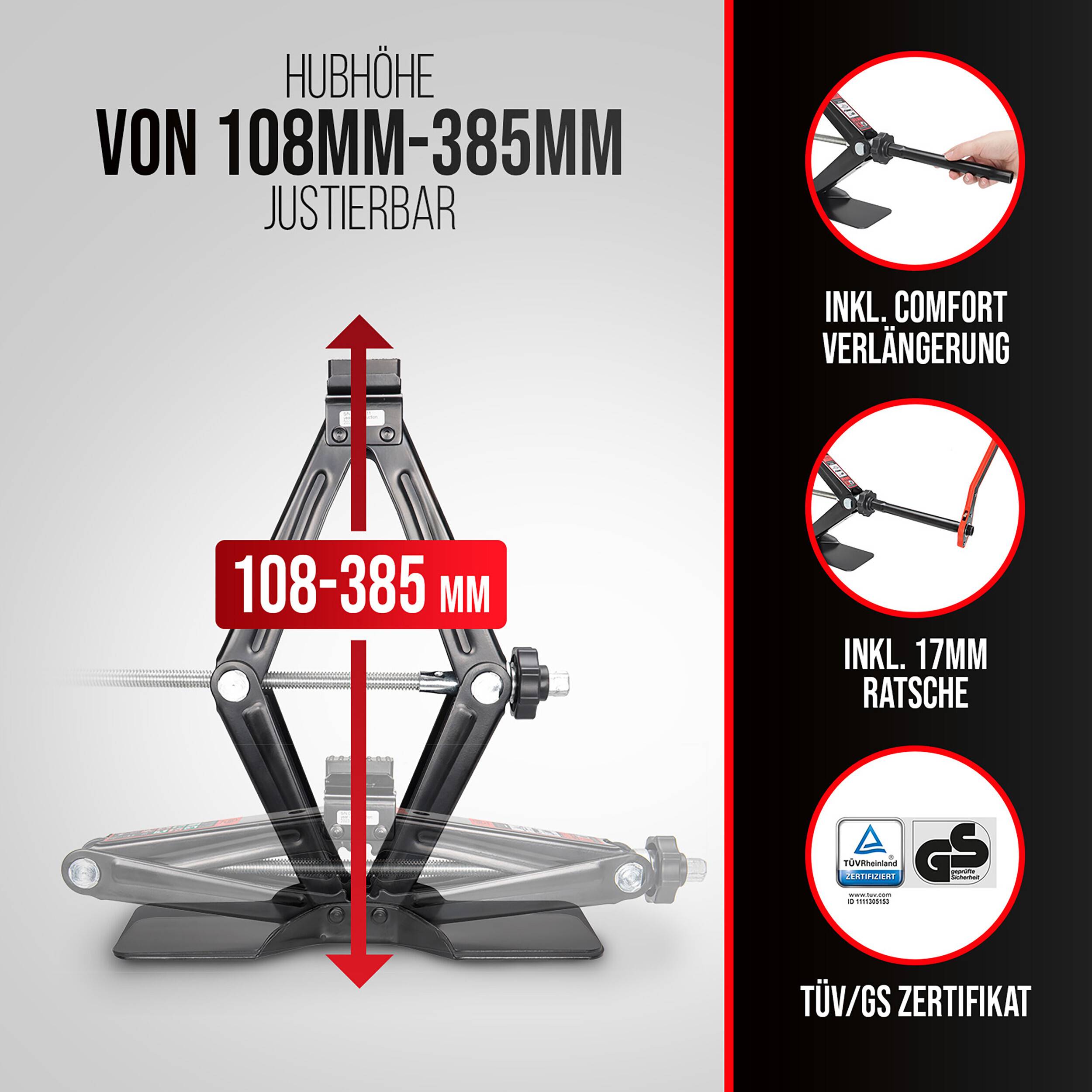 Verstellbarer Wagenheber mit Hubhöhe 108-385 mm; Seitliche Beschriftungen zeigen mitgelieferte Komfortverlängerung, 17-mm-Ratsche und TÜV/GS-Zertifizierung.
