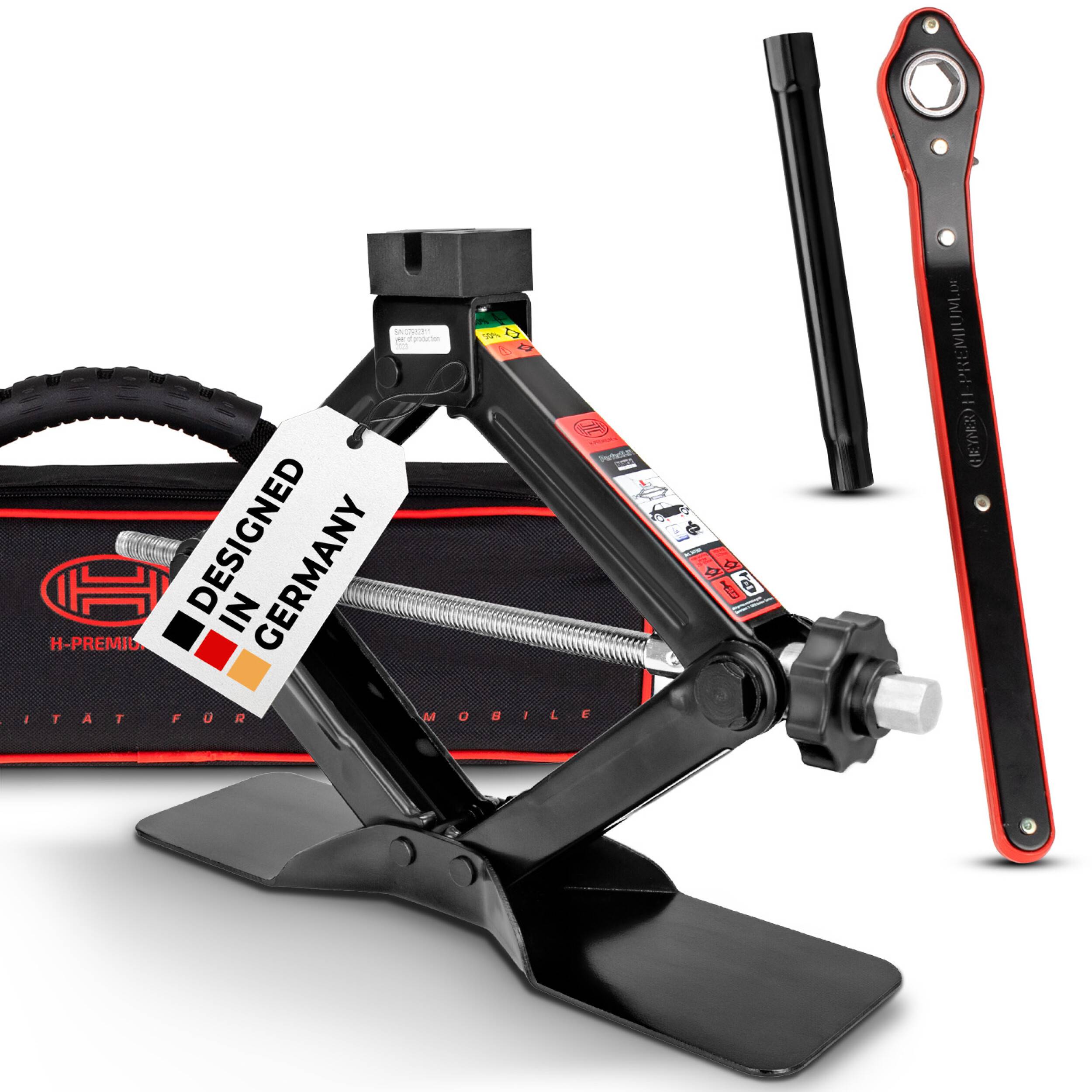HEYNER® Scherenwagenheber 1,5 t mit Ratsche für Wagenheber inkl. Tasche und Gummiauflage, passend für VW, Seat, Skoda