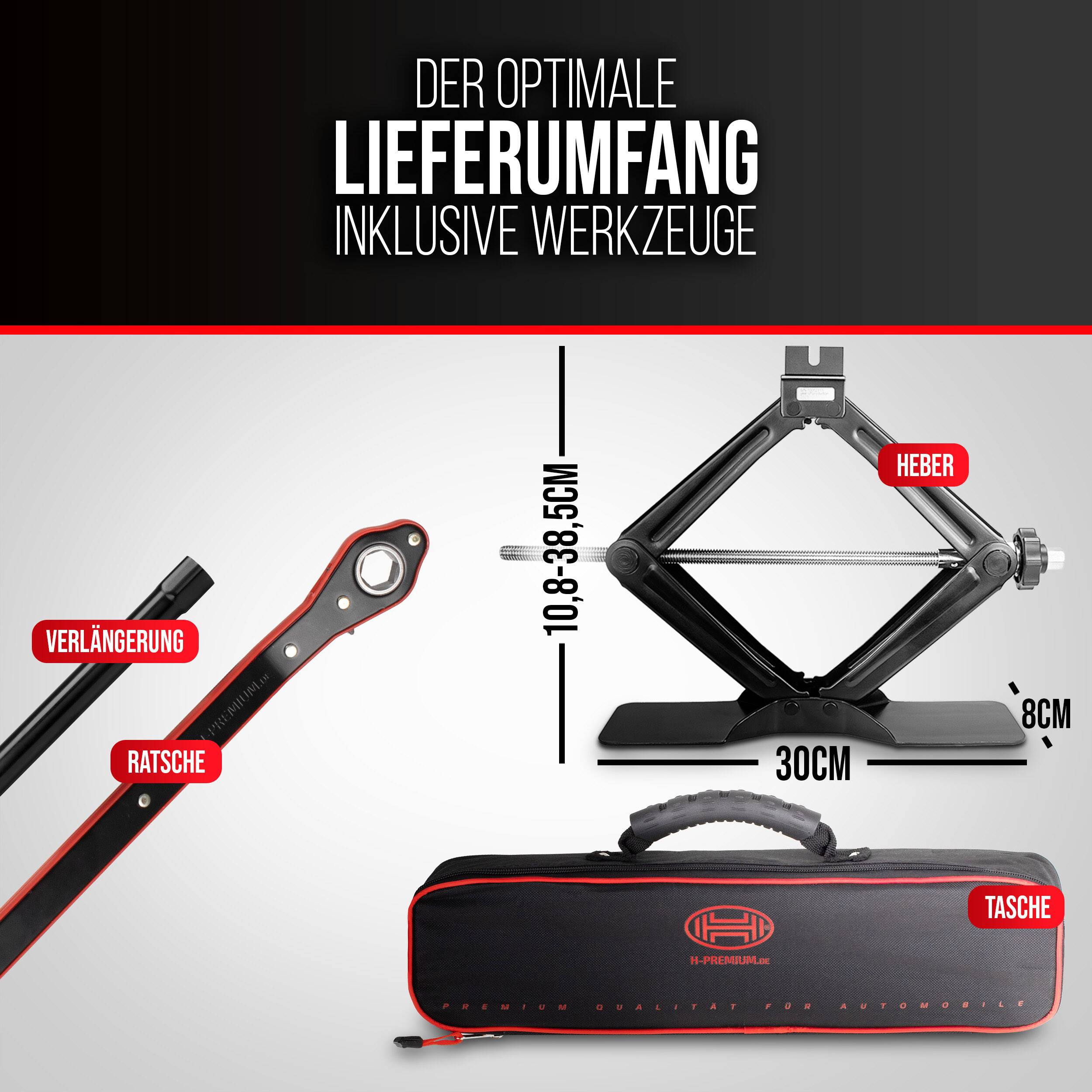 HEYNER® Scherenwagenheber 1,5 t mit Ratsche für Wagenheber inkl. Tasche und Gummiauflage, passend für VW, Seat, Skoda