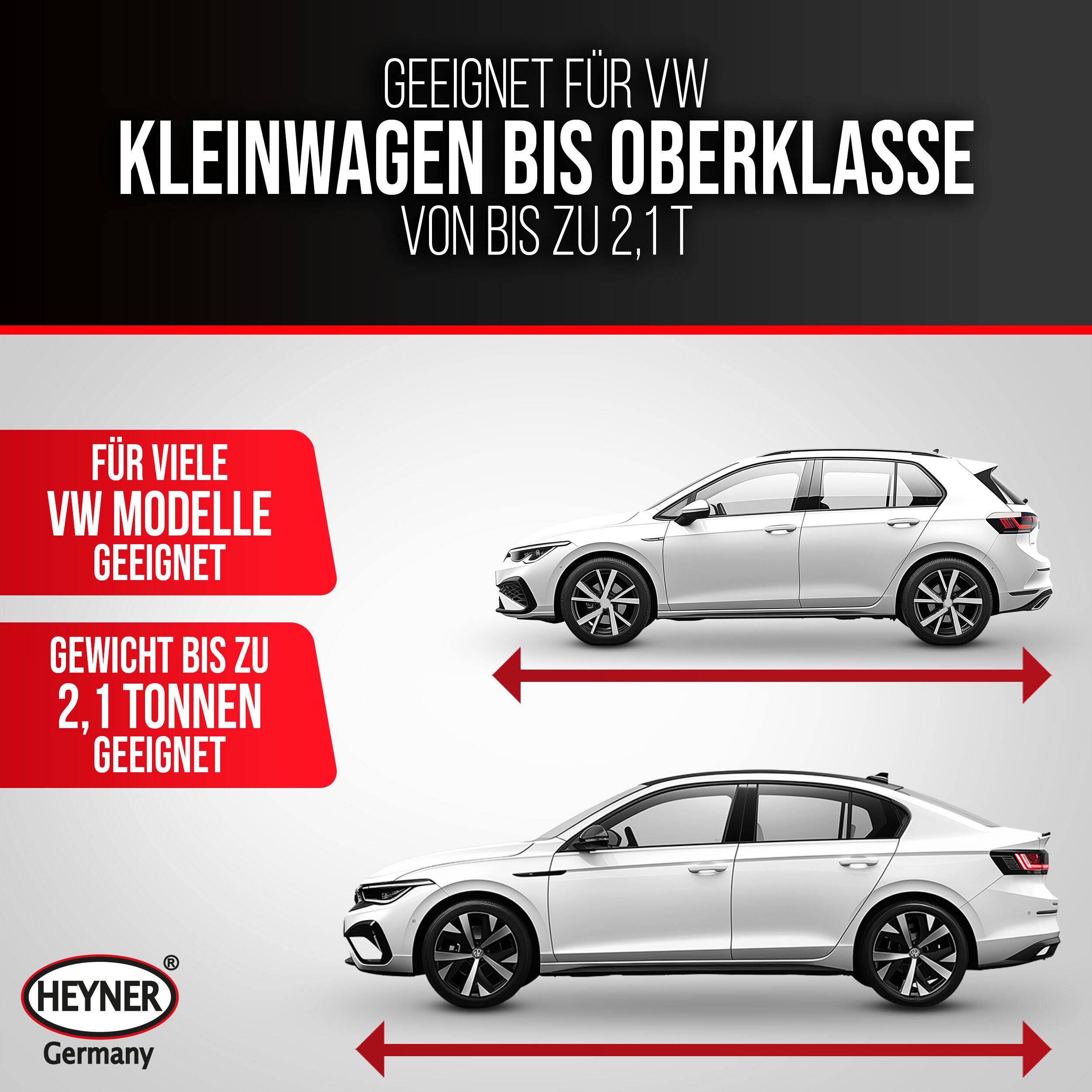 Deutsches Angebot mit zwei VW-Autos mit Pfeilen und Text: geeignet für viele VW-Modelle, für Klein- bis Luxuswagen, bis 2,1 Tonnen.