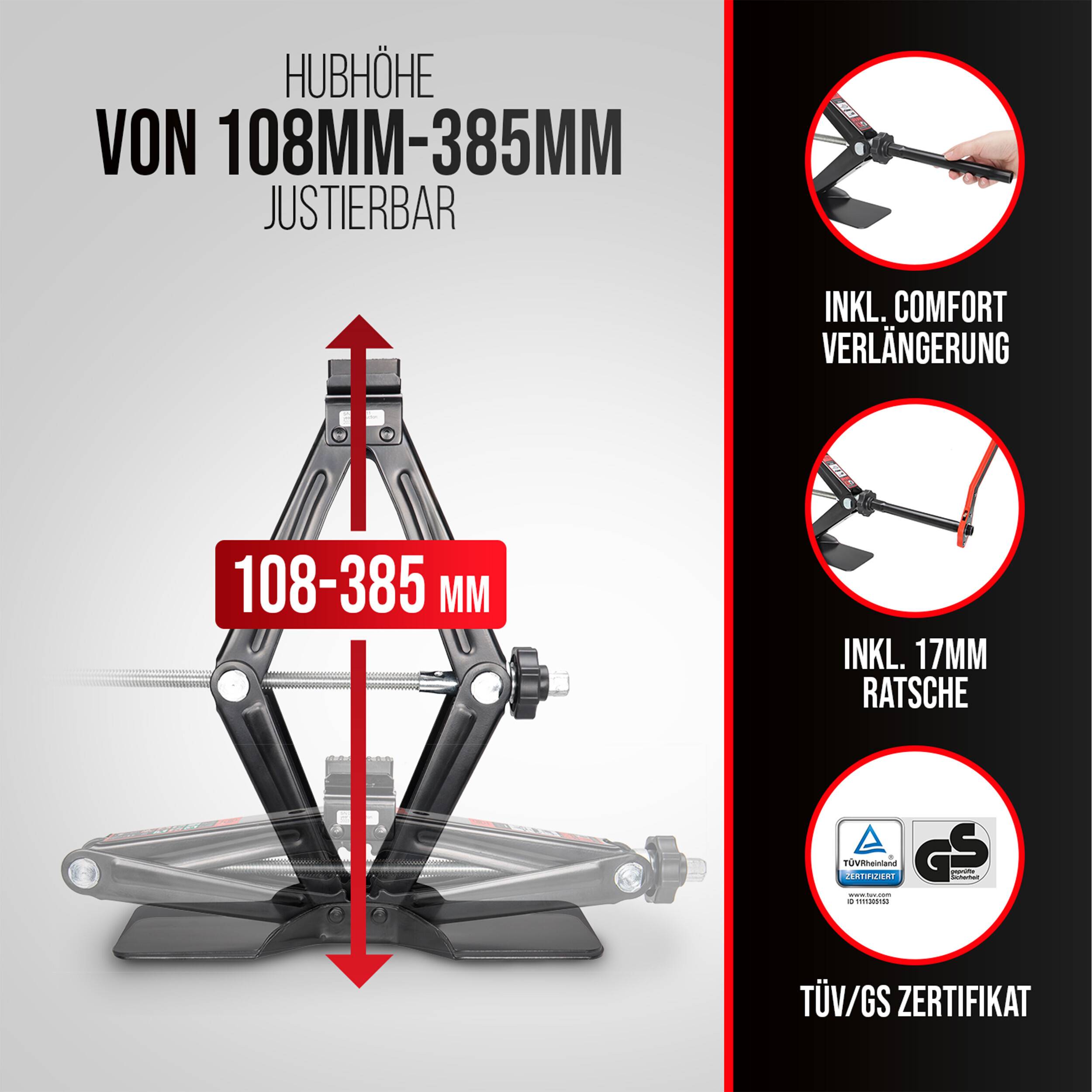 Verstellbarer Autoheber mit Hubbereich von 108-385 mm; seitliche Beschriftungen zeigen die mitgelieferte Komfortverlängerung, Ratsche 17 mm und TÜV/GS-Zertifizierung.