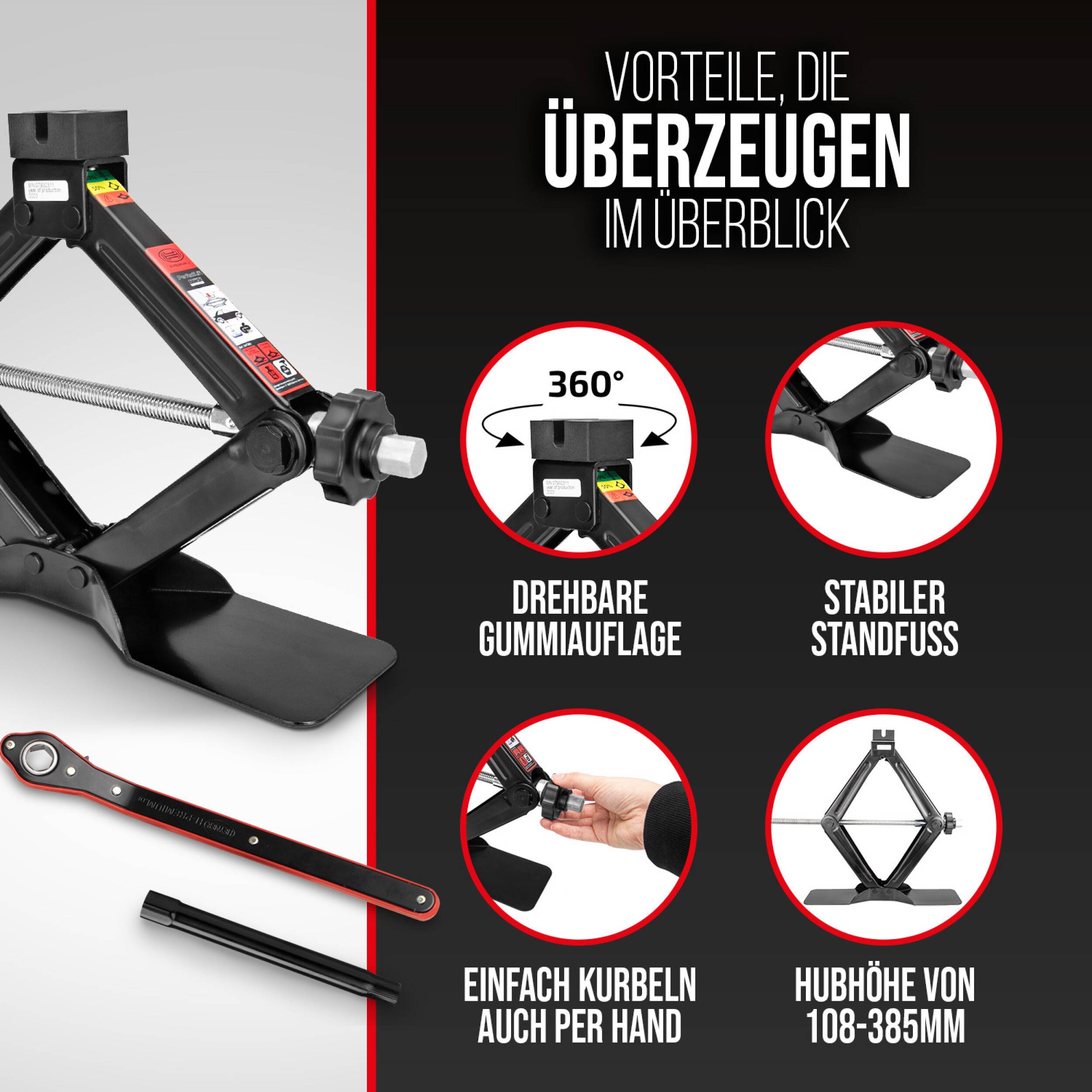 HEYNER® Scherenwagenheber 1,5 t mit Ratsche für Wagenheber inkl. Tasche und Gummiauflage, passend für VW, Seat, Skoda