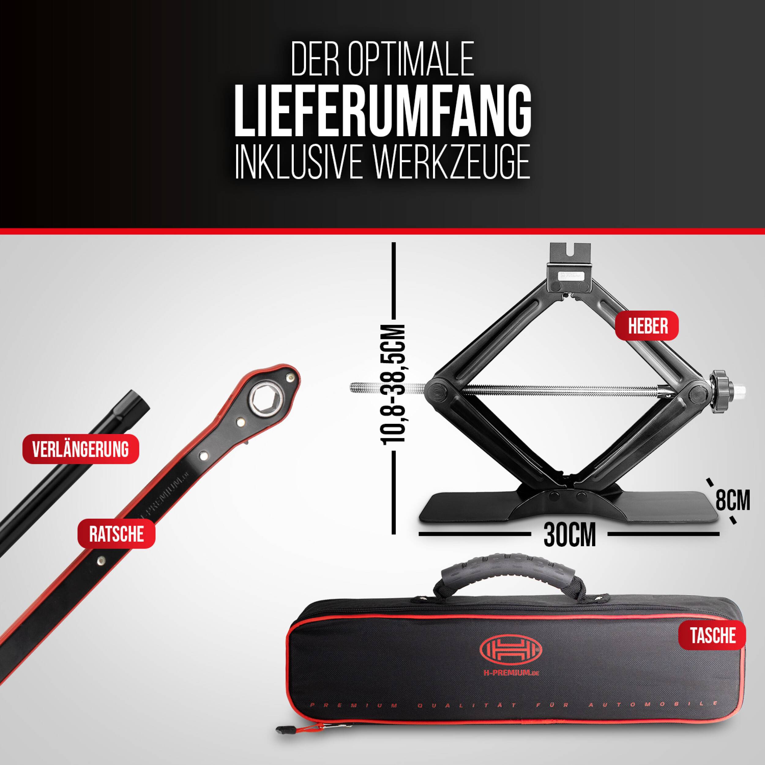 HEYNER® Scherenwagenheber 1,5 t mit Ratsche für Wagenheber inkl. Tasche und Gummiauflage, passend für VW, Seat, Skoda