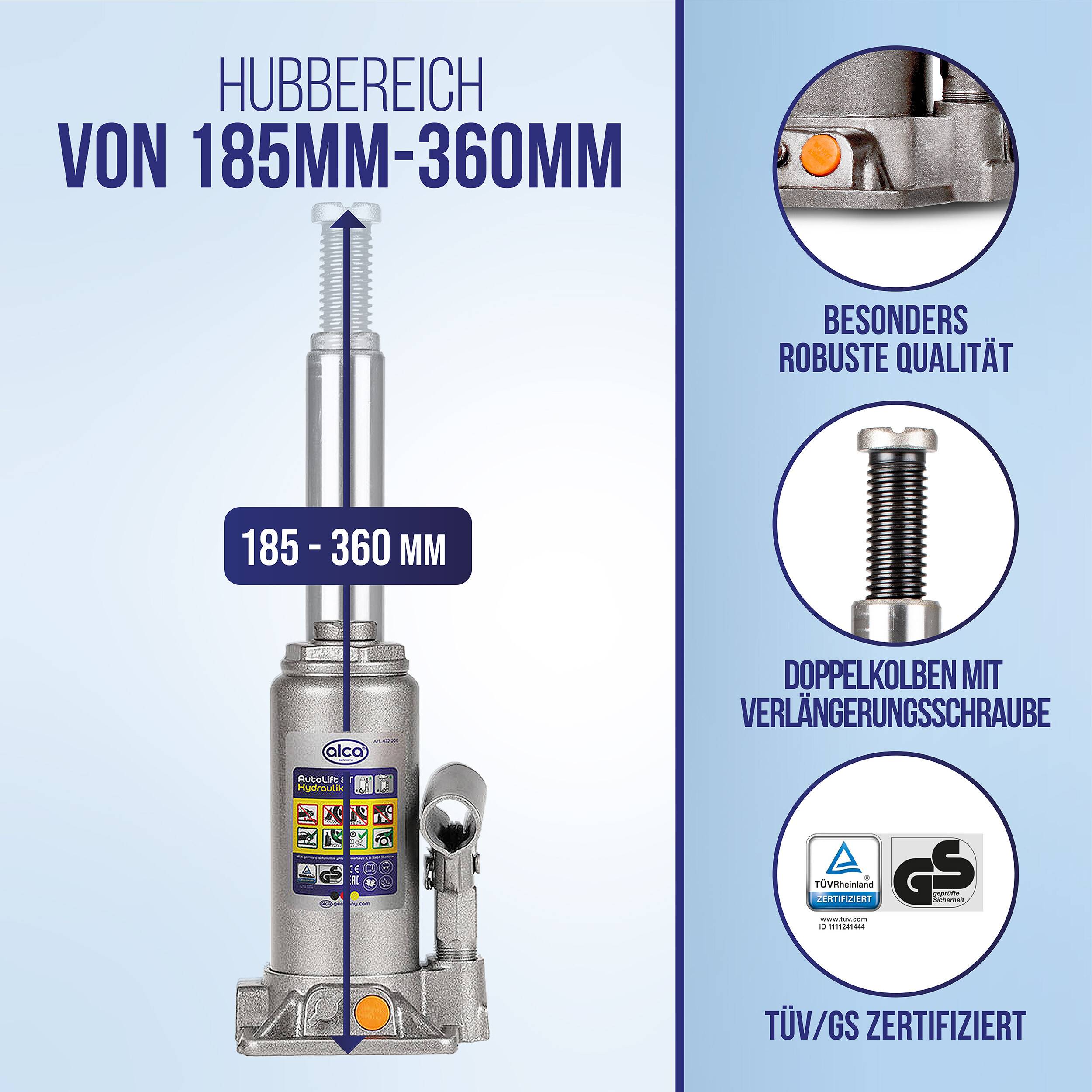 alca® Hydraulischer Wagenheber 8t I Stempelheber & Unterstellheber aus Stahl I für Auto, Motorrad, PKW & Werkstatt I
