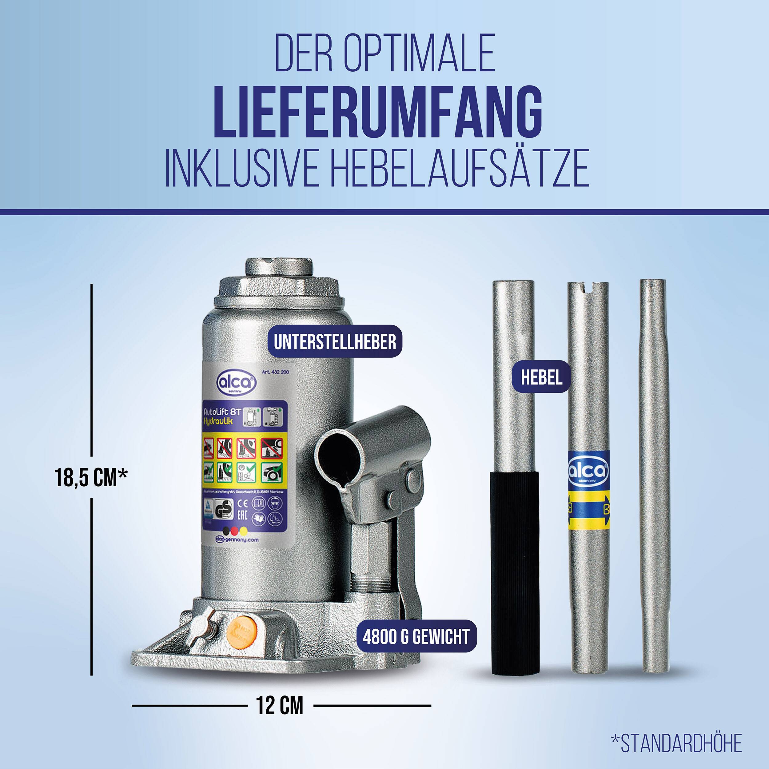 Produktinfografik mit einem Flaschenhebers und den beigefügten Griffverlängerungen, gekennzeichnet mit „Unterstellheber