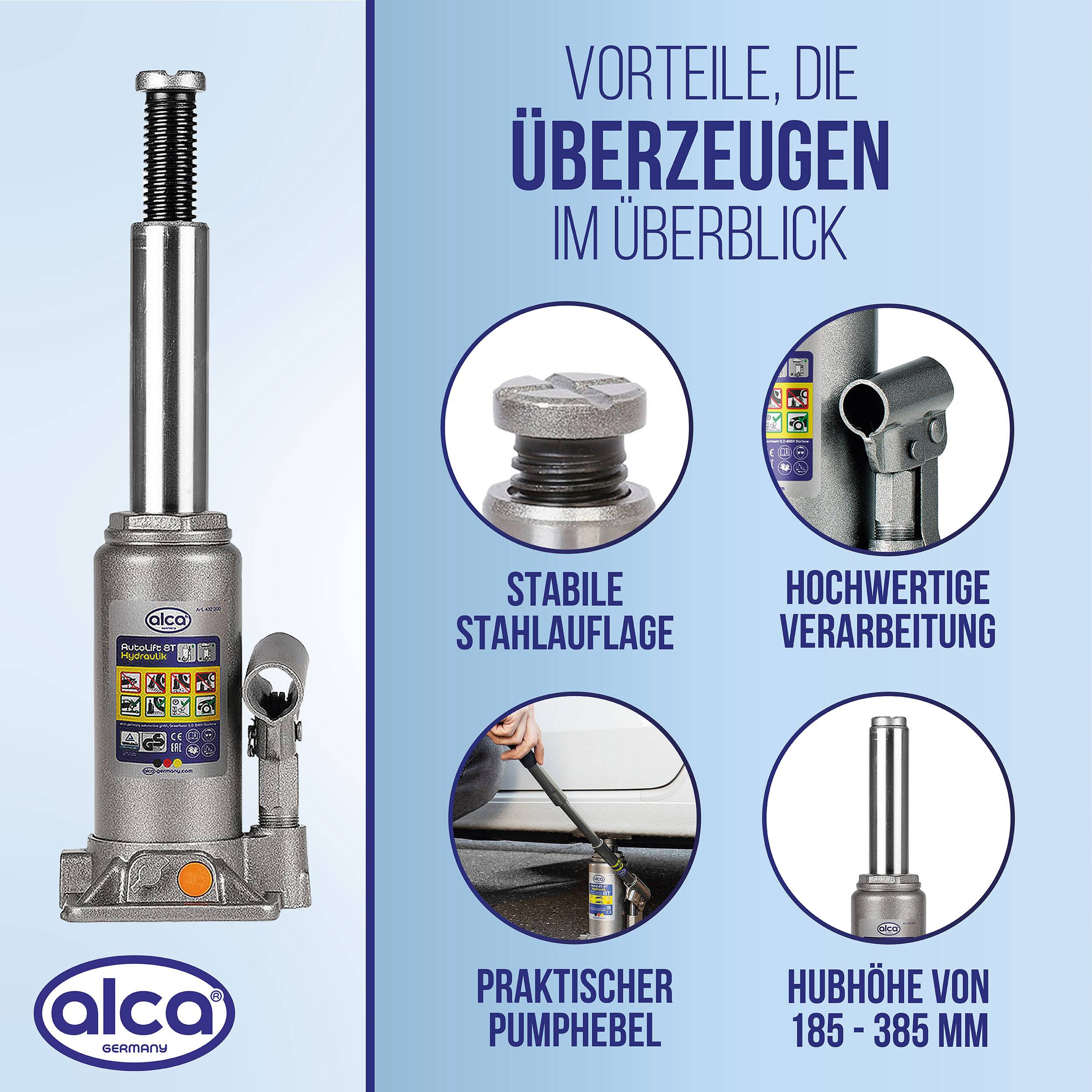 alca® Wagenheber Unterstellheber hydraulisch 8t Stempel-Wagenheber für SUV/PKW Hubhöhe 18,5-36cm