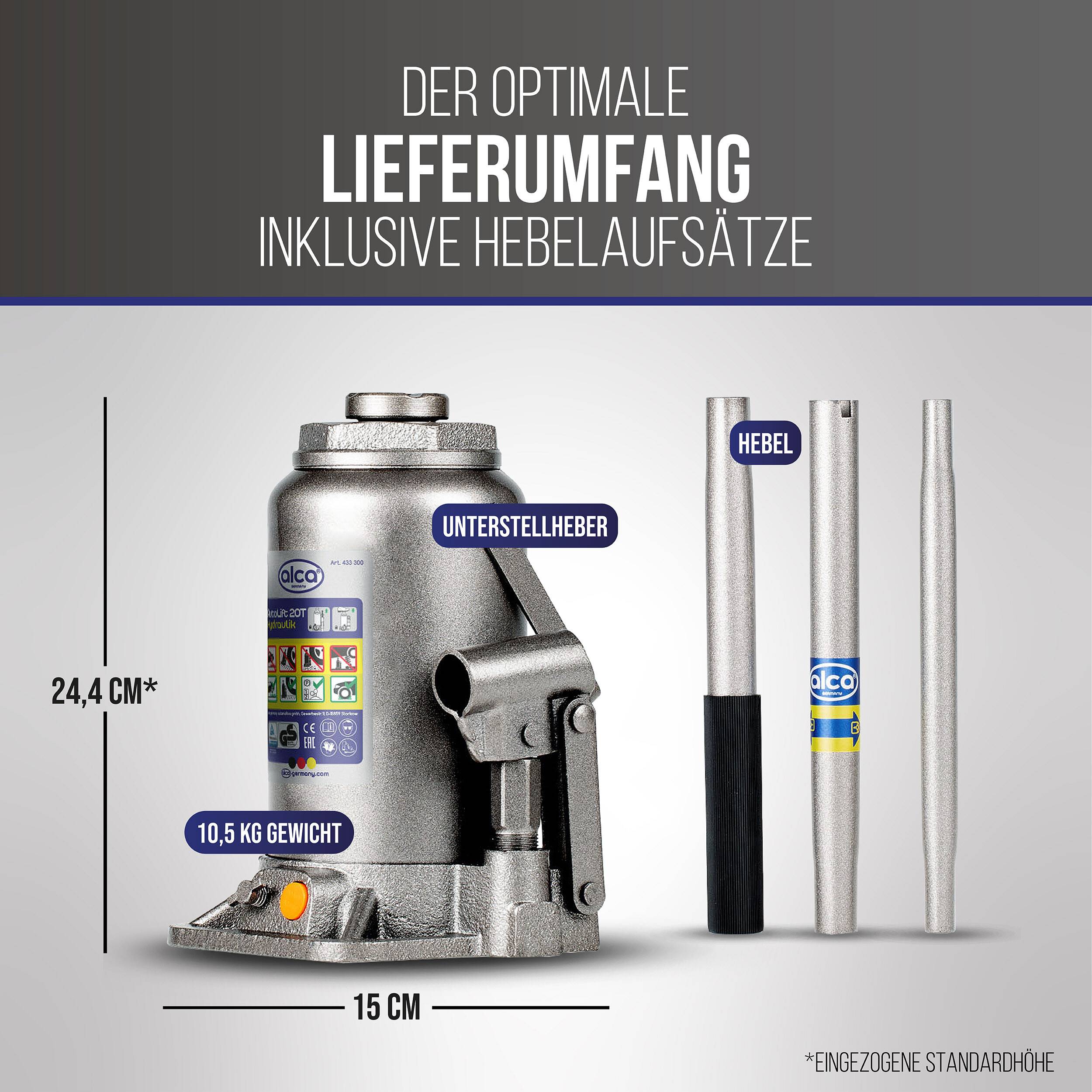 Produktbild eines hydraulischen Flaschendoms mit mitgelieferter Hebelverlängerung, gekennzeichnet als „DER OPTIMALE LIEFERUMFANG INKLUSIVE HEBELAUFSÄTZE