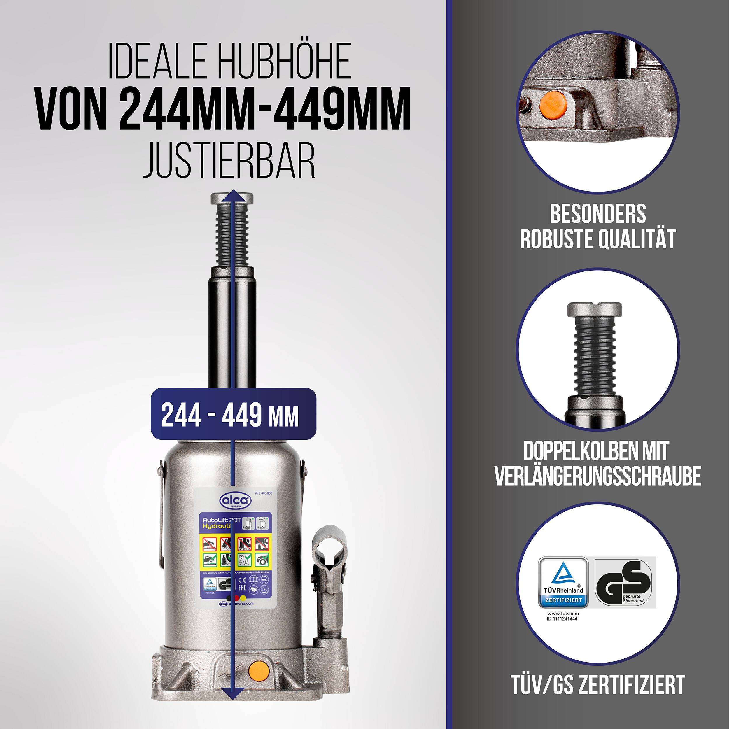 # Produktinfografik eines verstellbaren Wagenhebers mit Hubhöhe „244-449 mm