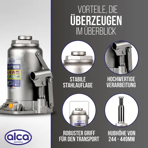 alca® Wagenheber Unterstellheber hydraulischer 20t Stempel-Wagenheber für LKW/PKW Hubhöhe 24,4-44,9cm alca® Wagenheber Unterstellheber hydraulischer 20t Stempel-Wagenheber für LKW/PKW Hubhöhe 24,4-44,9cm