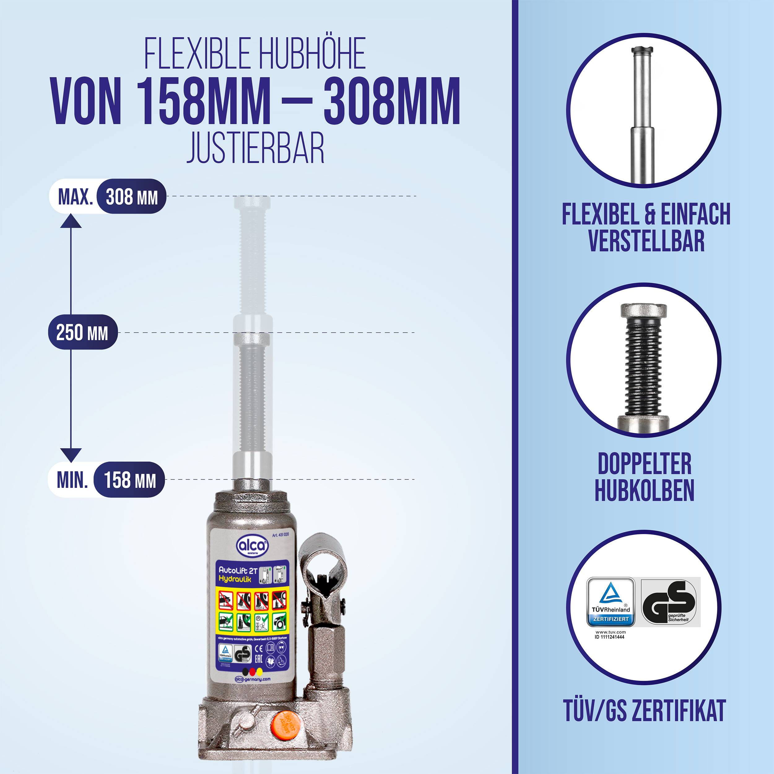 alca® Hydraulischer Unterstellheber 2t im Koffer – Hubhöhe 158–308 mm, Stempelwagenheber mit Verlängerungsschraube,