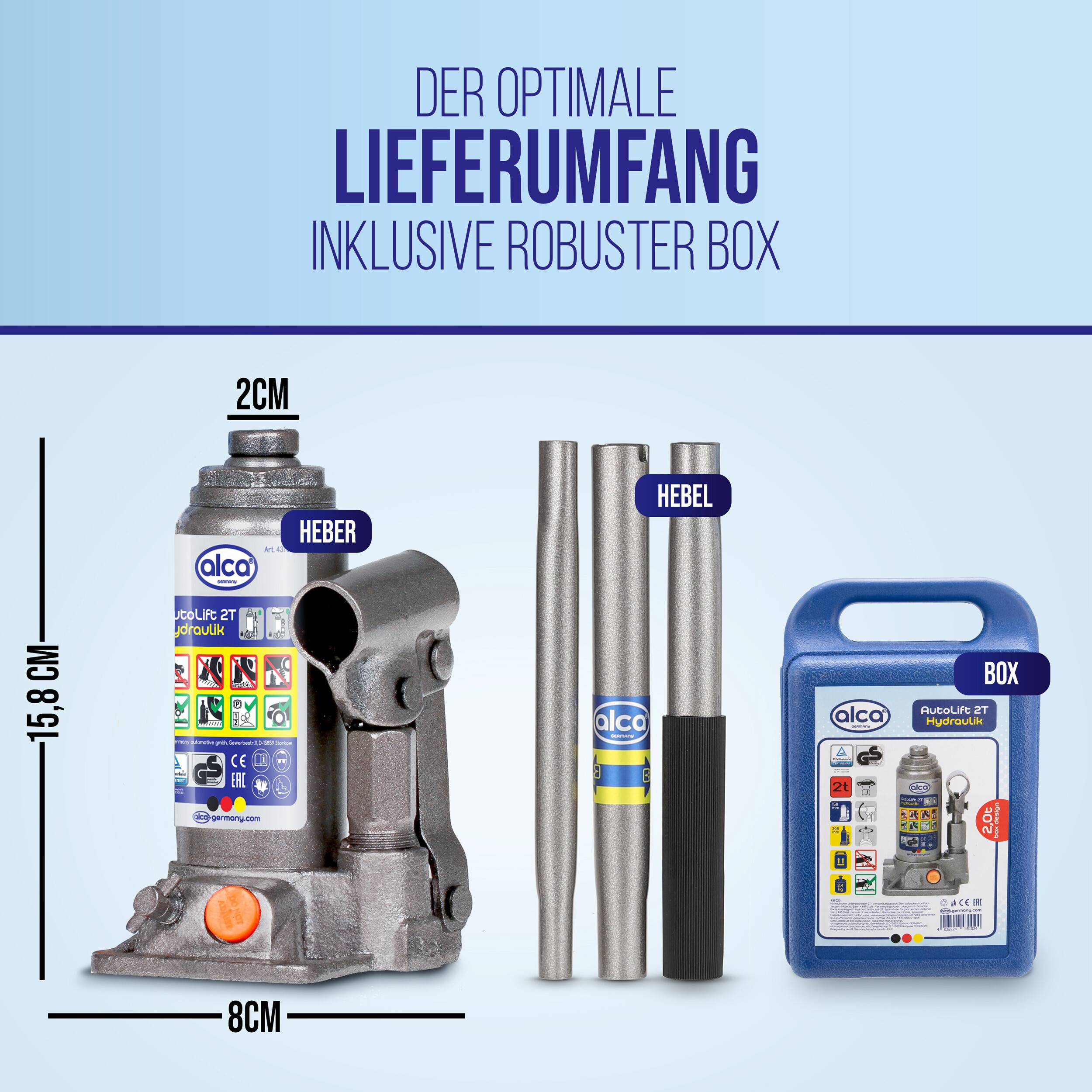 Produktsatz mit optimalem Lieferpaket: ein hydraulischer Flaschendom mit Griff und robuster Box. Abmessungen beschriftet 15,8 cm Höhe, 8 cm Breite, 2 cm obere Breite.