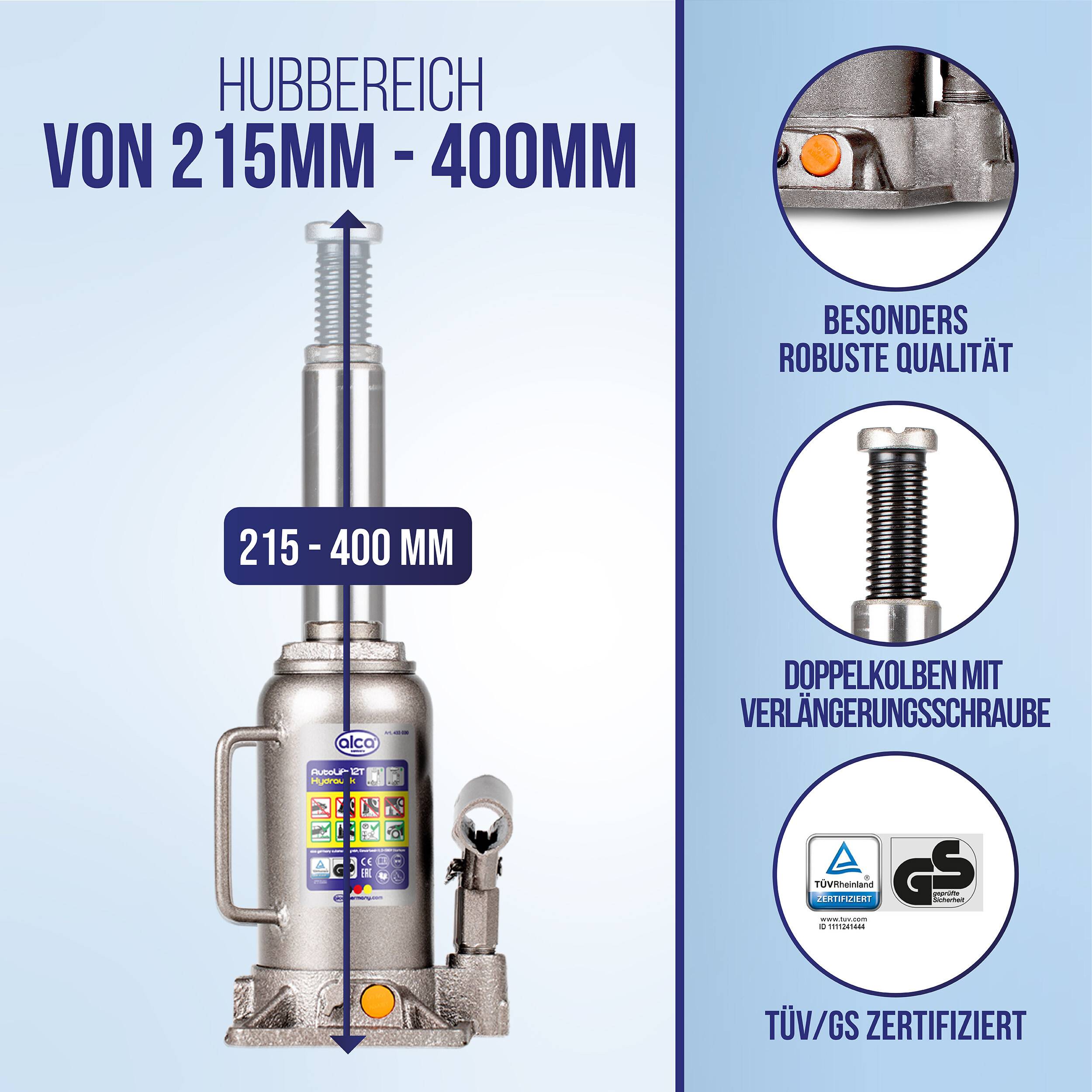 alca® Wagenheber hydraulisch 12 t Doppelkolben, 215-400 mm Hubhöhe Doppelkolben Stempelheber mit