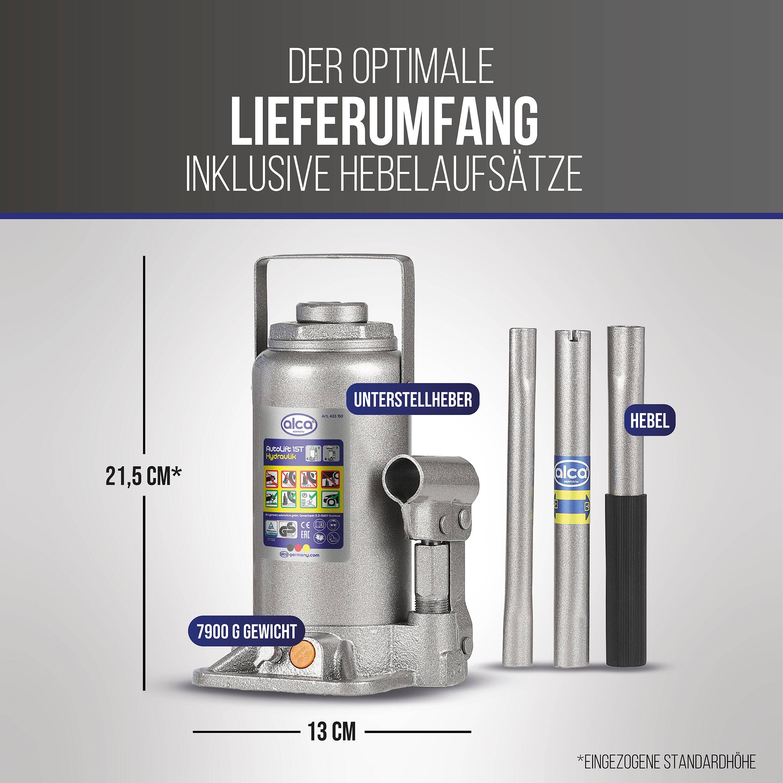 Hydraulischer Wagenheber-Set mit Hebelanbauteilen, beschriftete Abmessungen: 21,5 cm Höhe, 13 cm Basisbreite und 7900 g Gewicht.