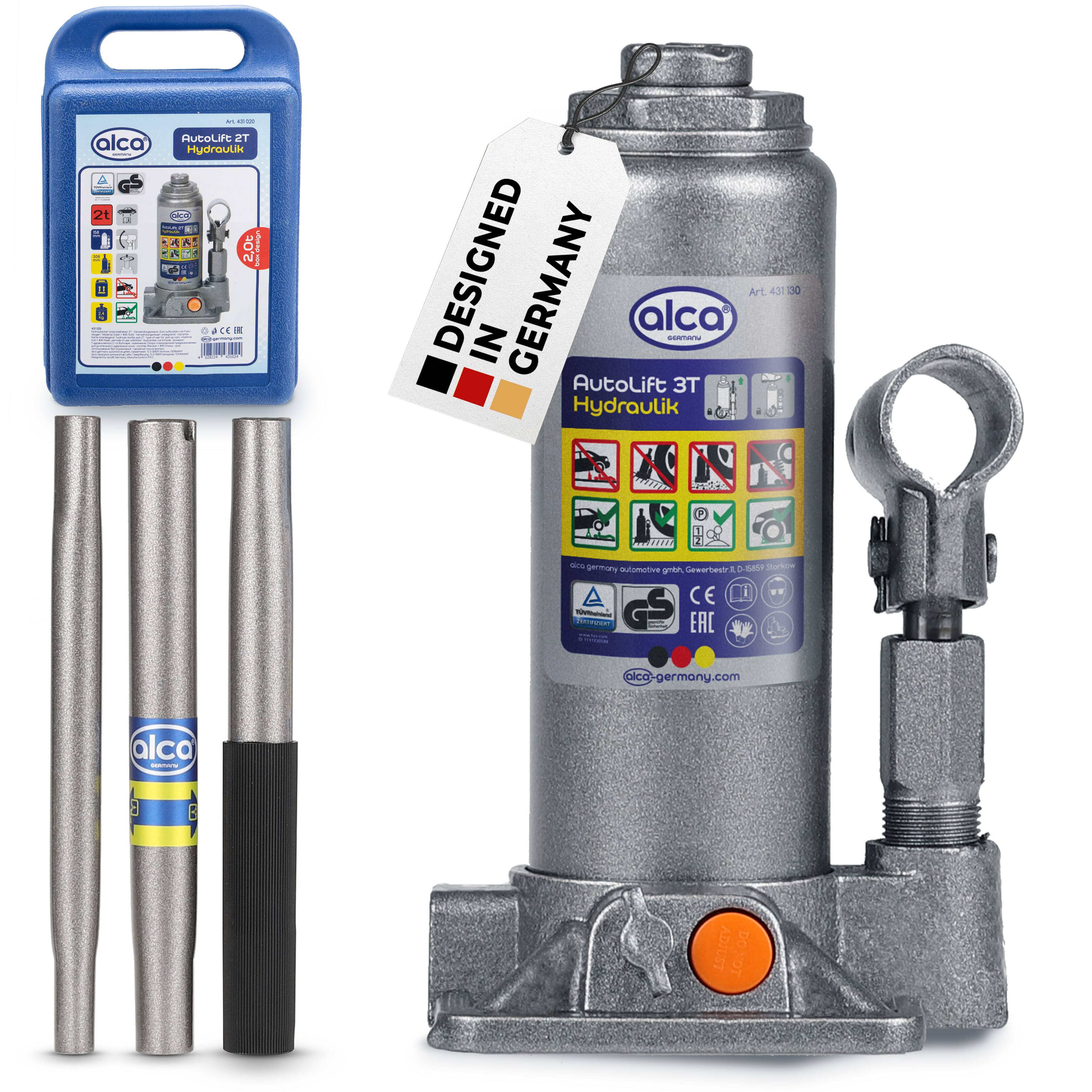alca® hydraulischer Wagenheber 3t im Koffer I Stempelwagenheber aus Stahl I Hubhöhe 195–380 mm I Autoheber für PKW SUV