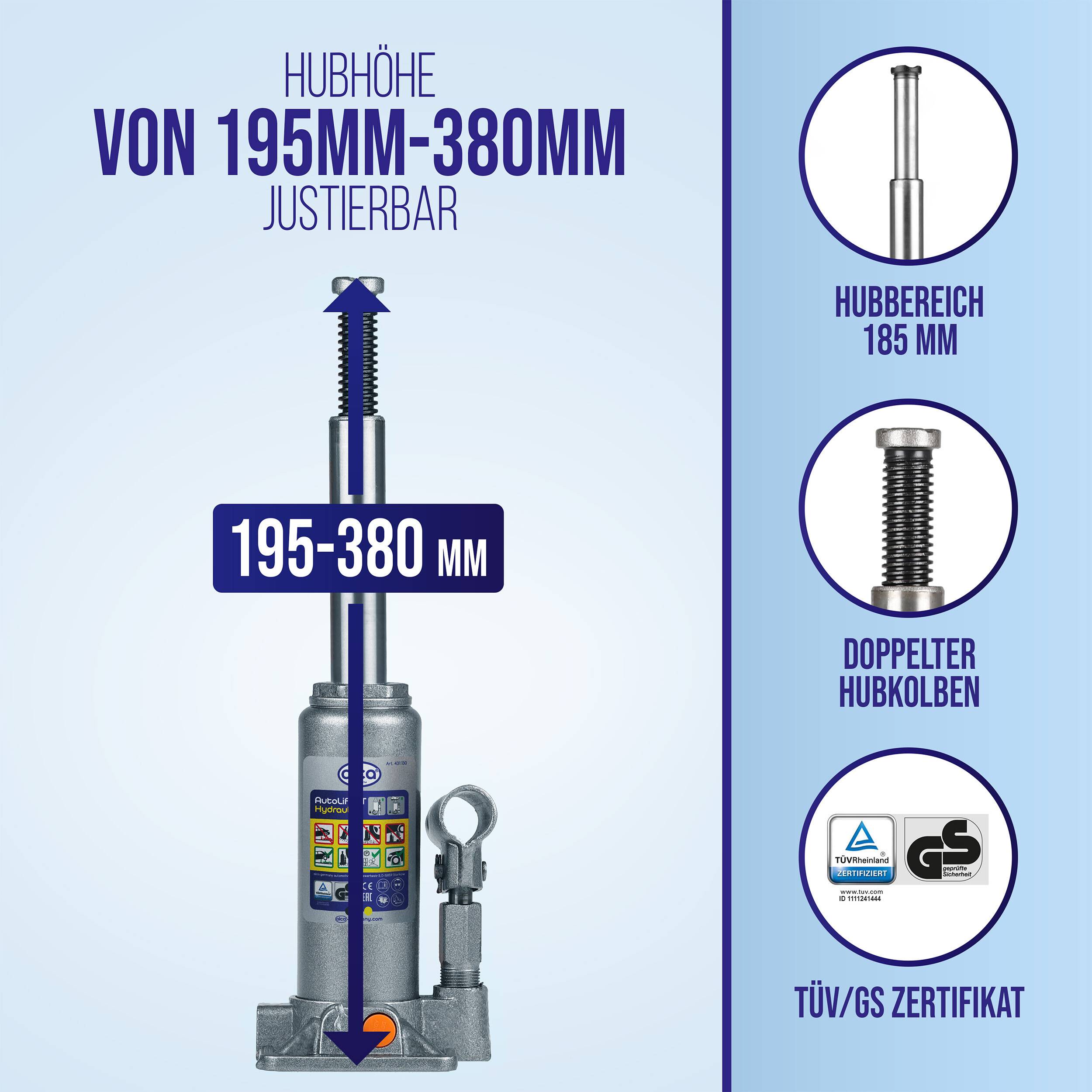 Verstellbarer hydraulischer Wagenheber mit 195-380 mm Hubhöhe, 185 mm Hub, doppeltem Hubkolben und TÜV/GS-Zertifizierung.