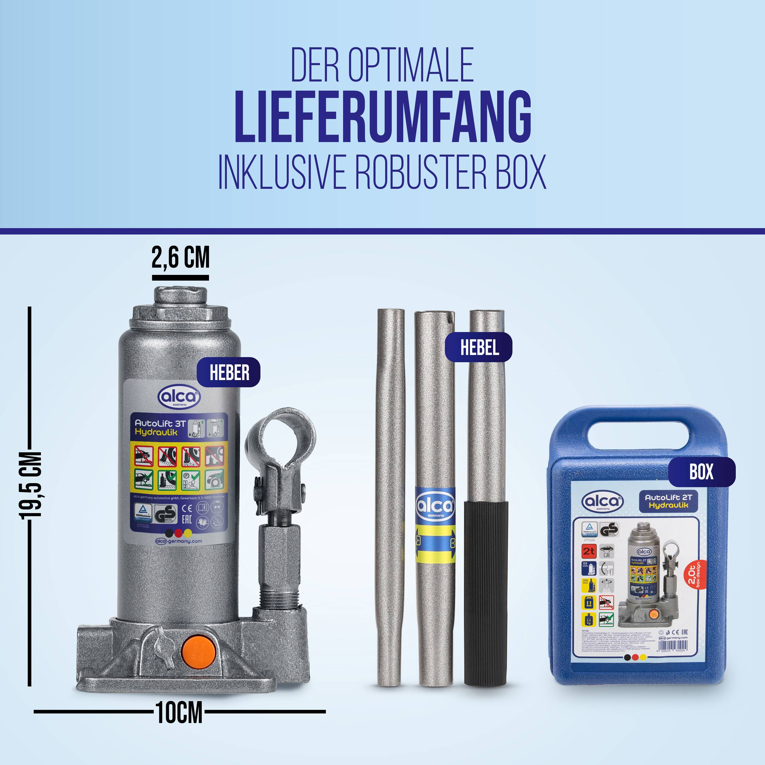 Produktverpackung zeigt ein Hydraulikwagenheber-Set mit zwei Hebel-Stangen und einer stabilen blauen Transportbox, mit den Abmessungen 19,5 cm, 10 cm und 2,6 cm.