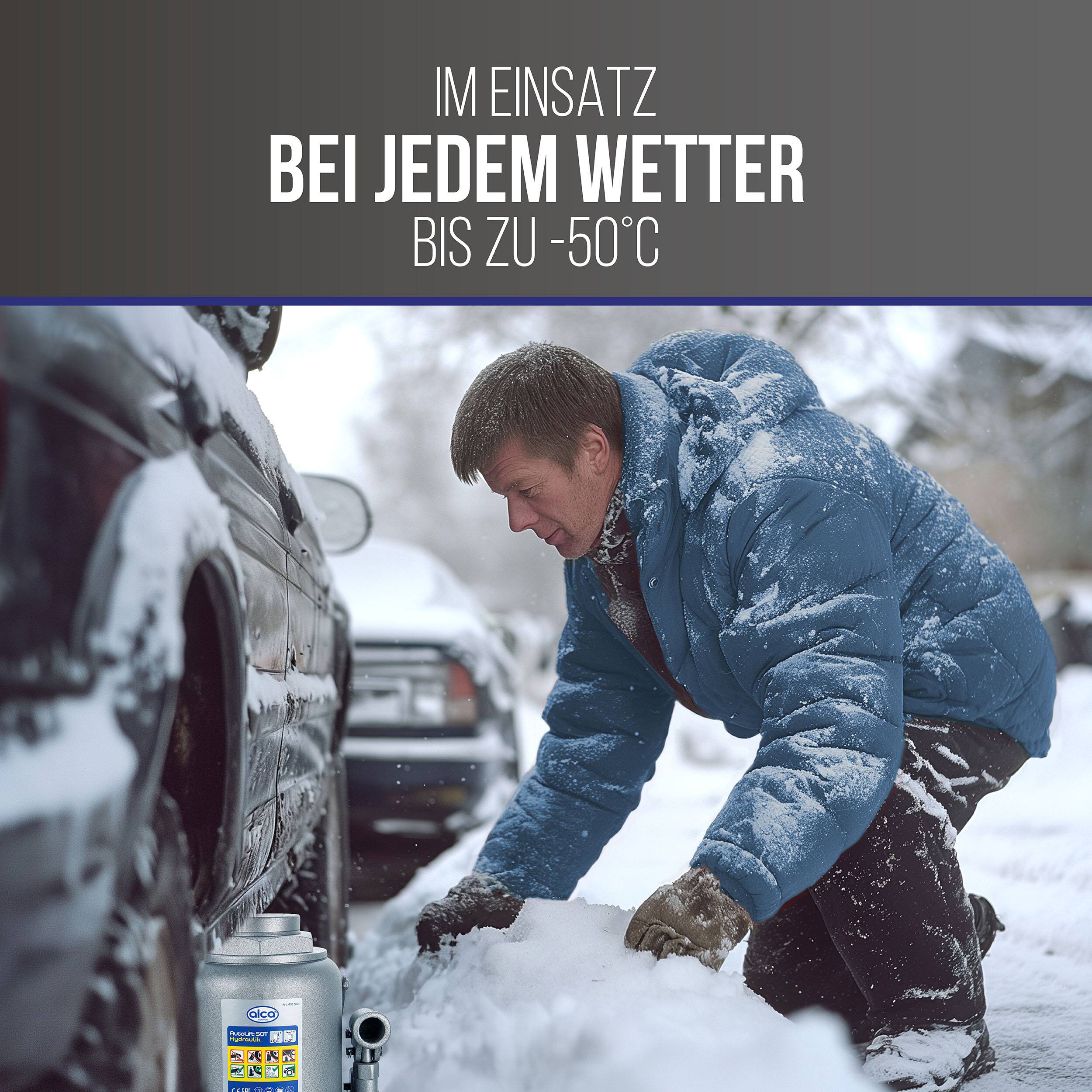Ein Mann räumt Schnee neben einem Auto bei schweren Winterbedingungen; das Postermotiv zeigt den Text 'IM EINSATZ BEI JEDEM WETTER BIS ZU -50°C'.