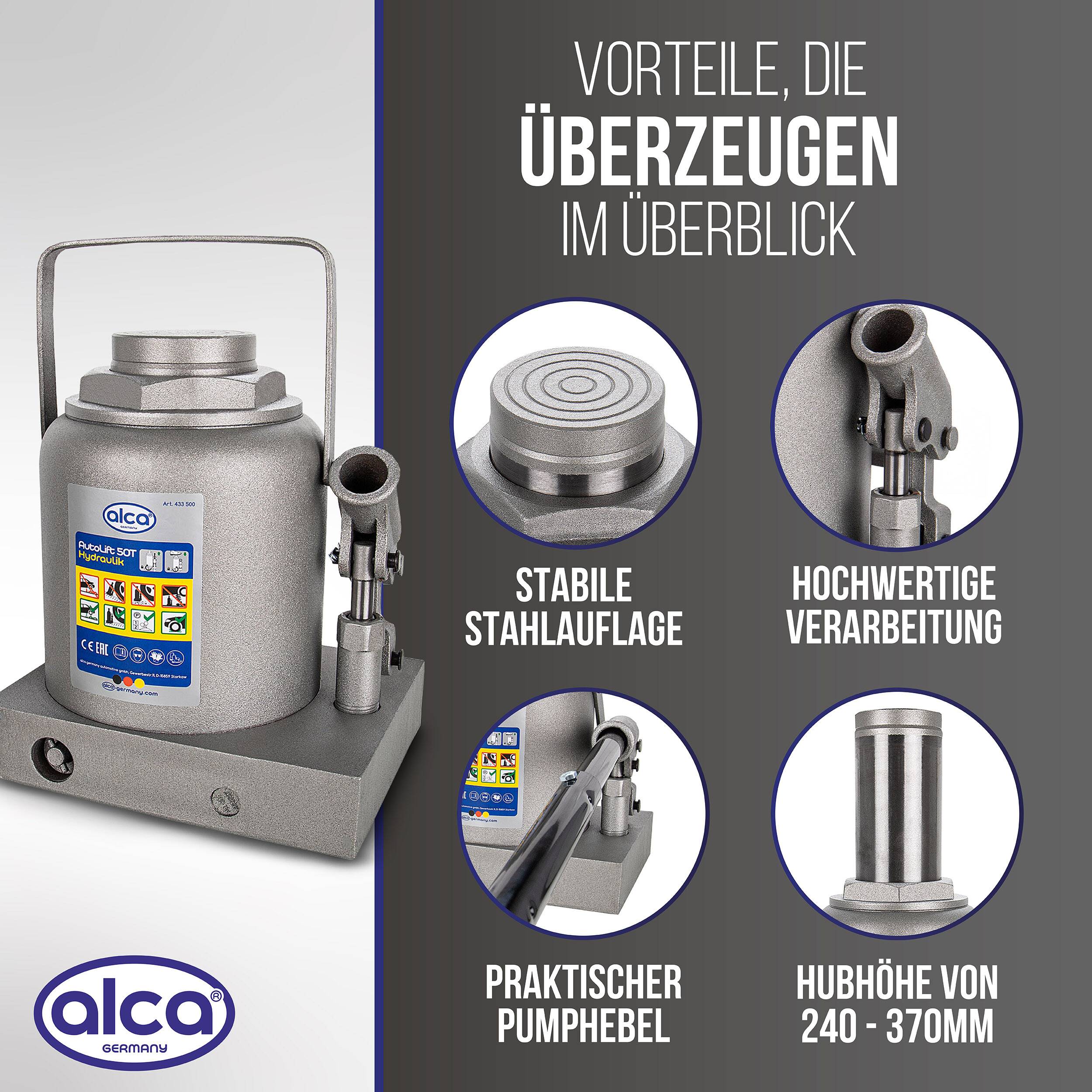 alca® Wagenheber hydraulisch 50 t, 240-370mm Hubhöhe Stempelheber aus #45 StahlEisenStahl,