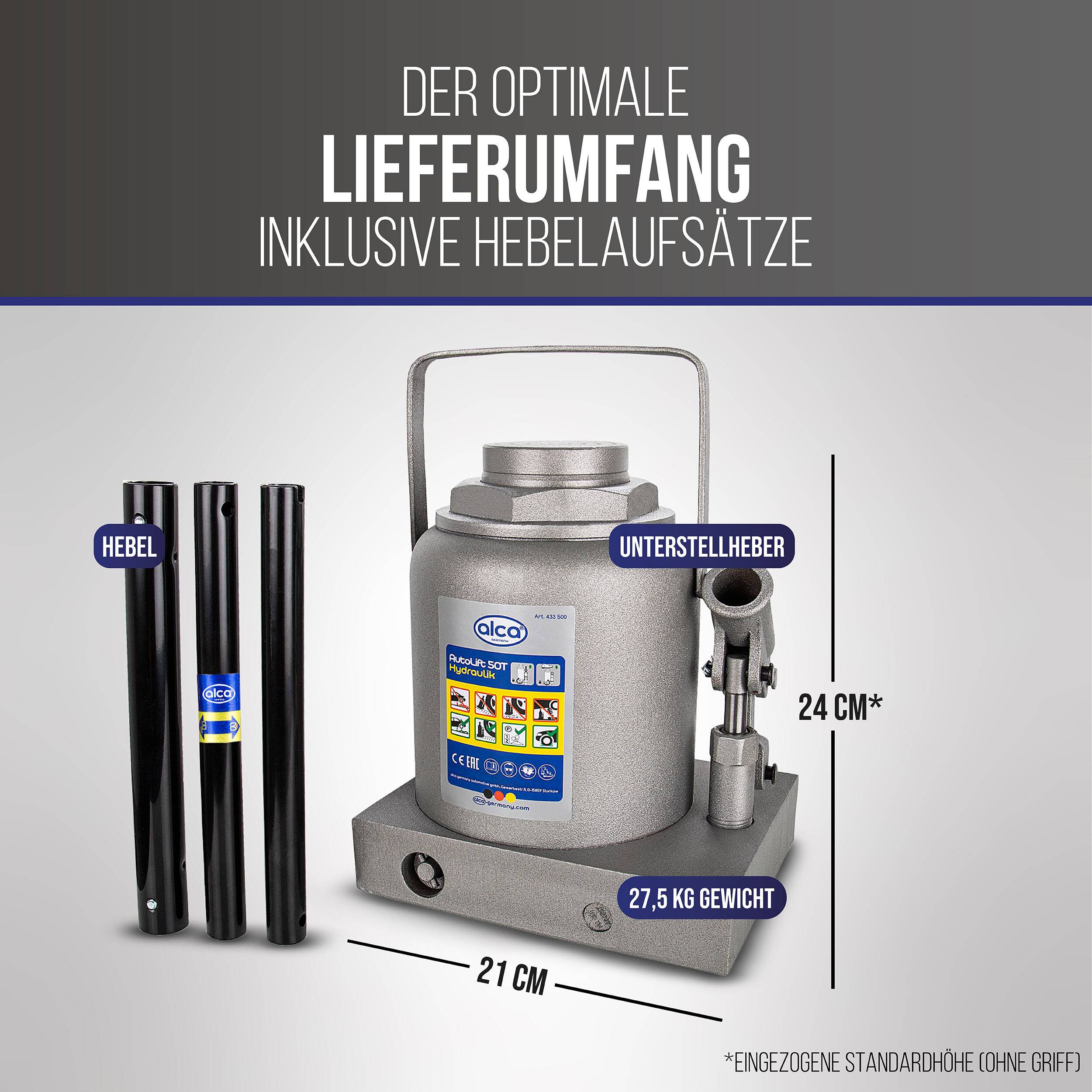 Produktbild, das einen Flaschenheberund mitgelieferte Hebelaufsätze zeigt; Beschriftungen geben an: 24 cm Höhe, 21 cm Breite und 27,5 kg Gewicht.