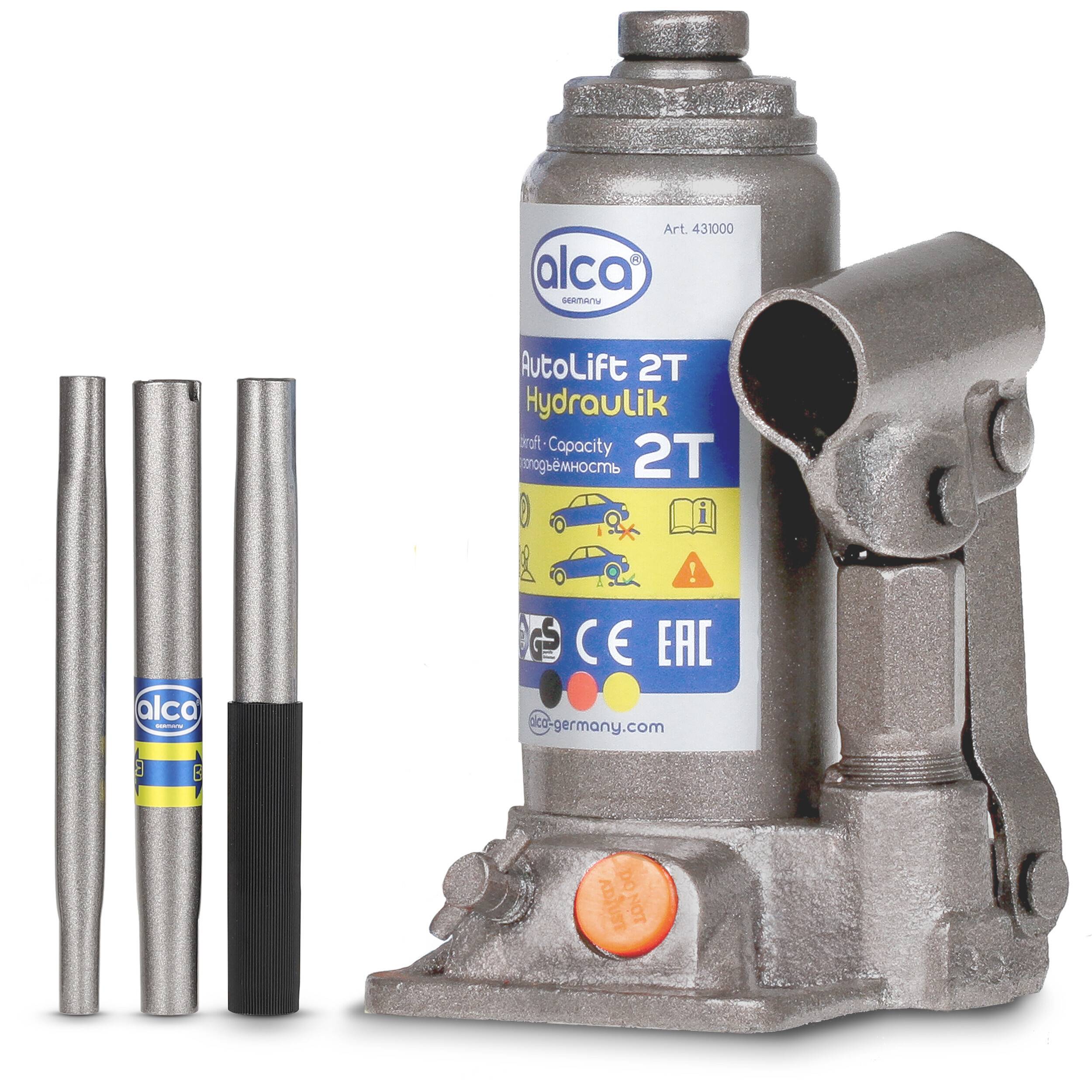 alca® Hydraulischer Wagenheber 2t I Stempelheber & Unterstellheber aus Stahl I für Auto, Motorrad, PKW & Werkstatt I